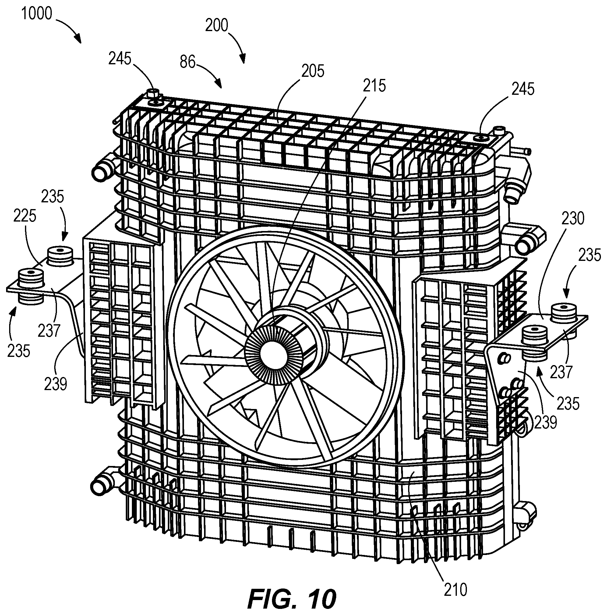Patent US12098733 Figure 9 – Fan shroud, mounting bracket, and pin mount