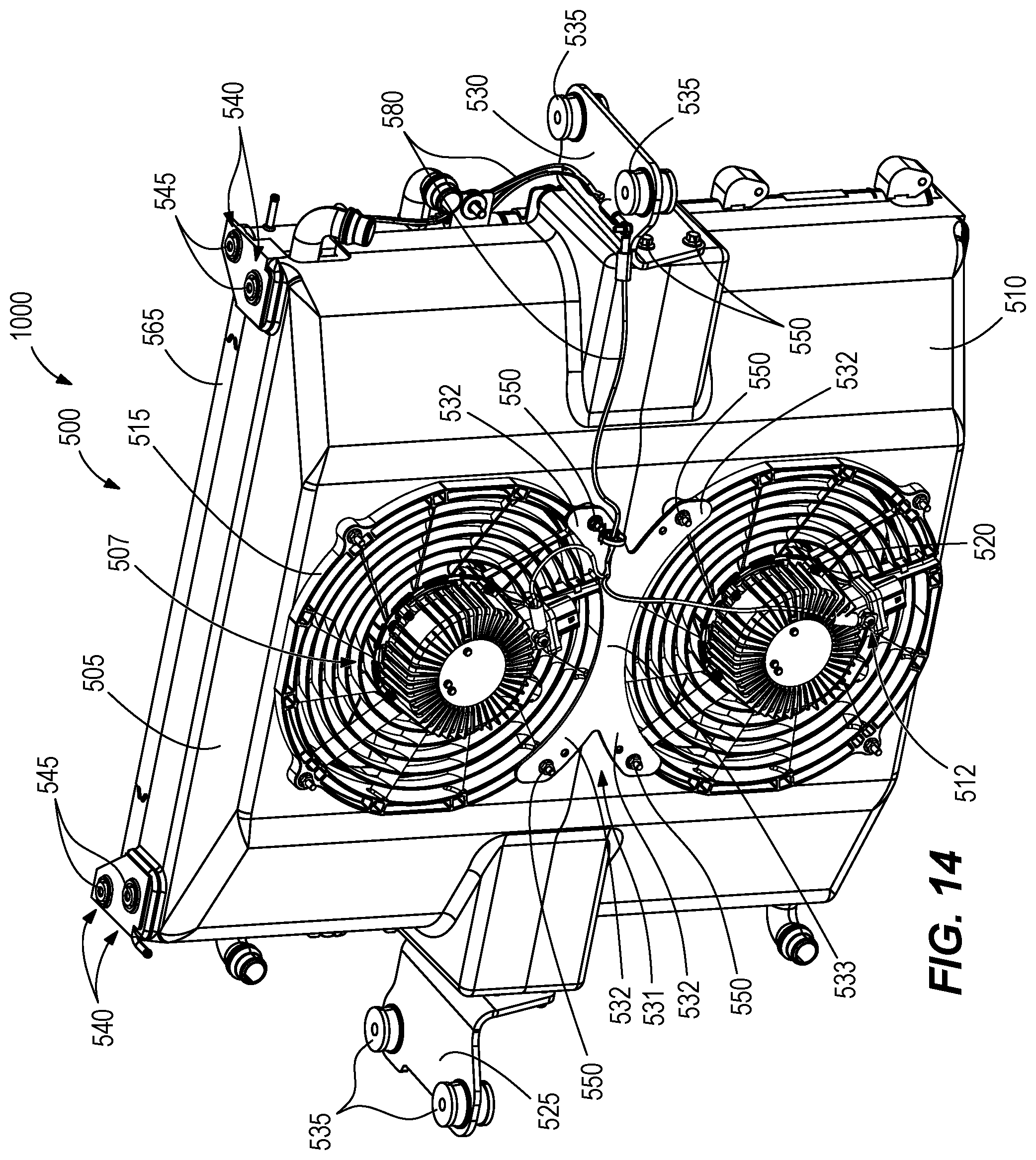 Patent US12098733 Figure 13 – Fan shroud, mounting bracket, and pin mount