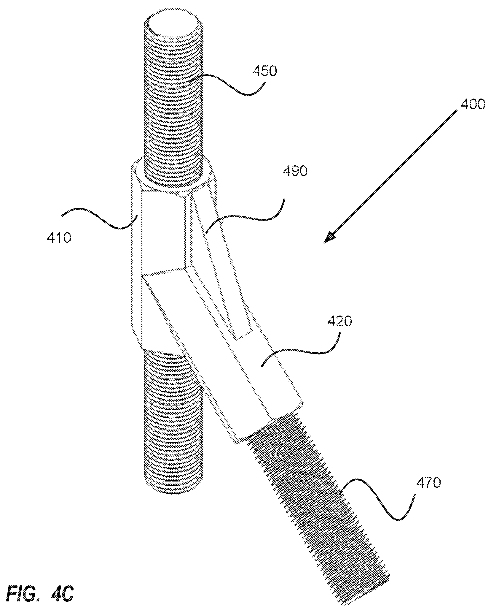 Patent US12098743 Figure 4 – Angled threaded rod coupling having mountable pass-through coupler and improvements thereof