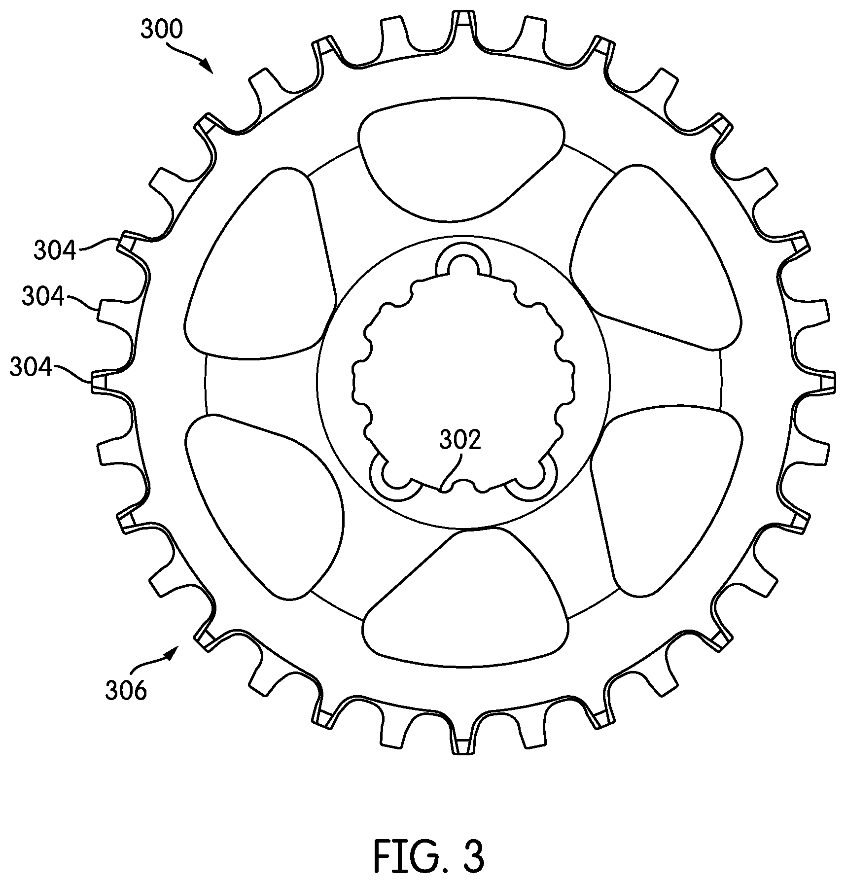 Patent US12098761 Figure 2 – Chain ring with teeth oppositely laterally engaging a drive chain
