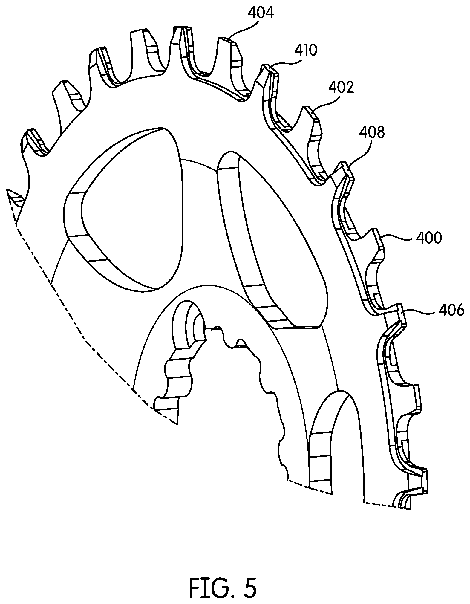 Patent US12098761 Figure 4 – Chain ring with teeth oppositely laterally engaging a drive chain
