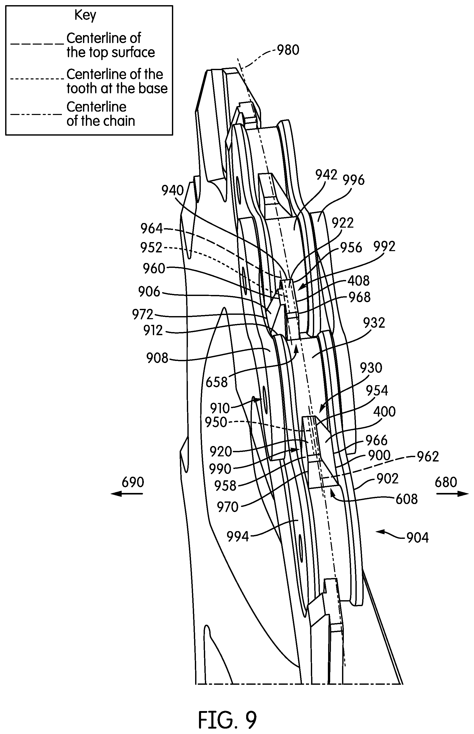 Patent US12098761 Figure 7 – Chain ring with teeth oppositely laterally engaging a drive chain