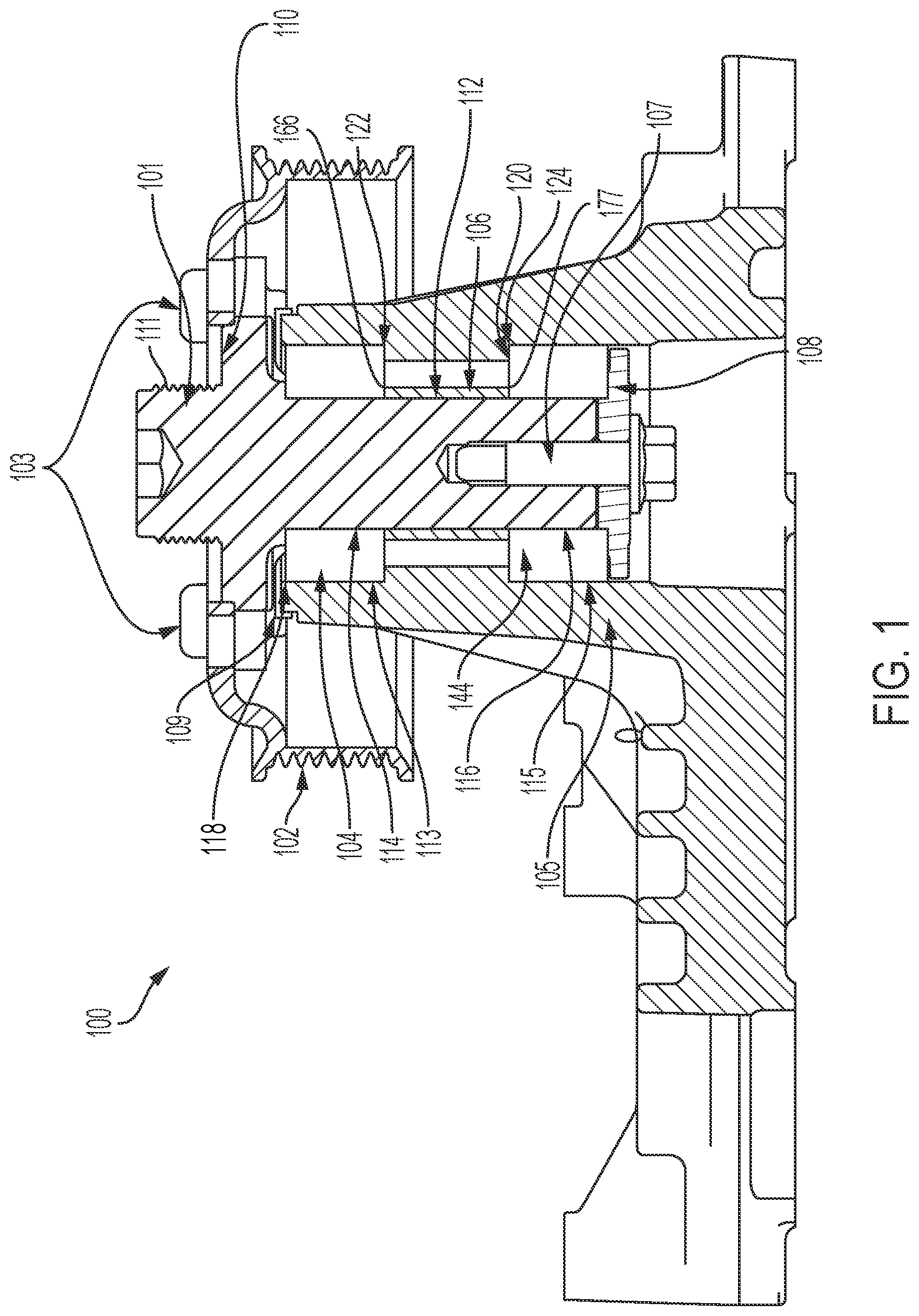 Patent US12098762 Figure 1 – Low axial runout driven pulley through the application of a spindle shaft utilizing multiple sets of bearings with radial clearance to the shaft