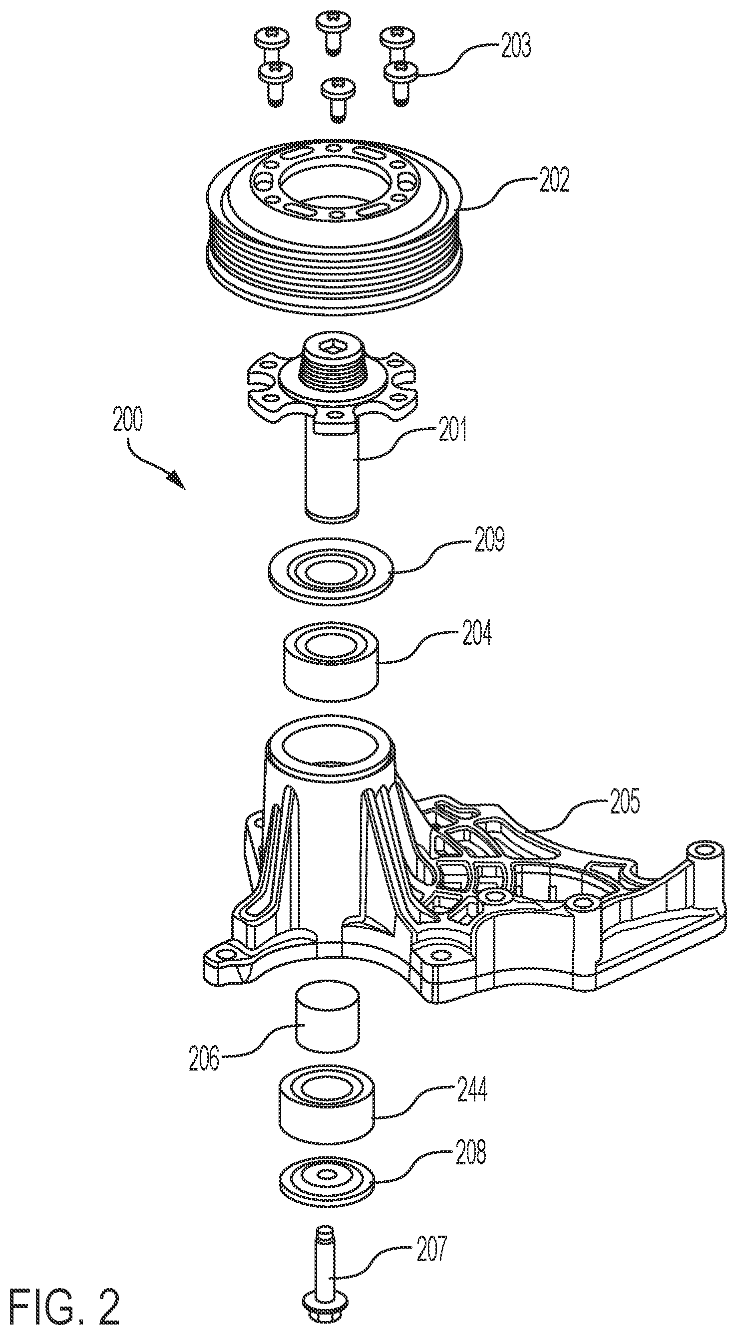 Patent US12098762 Figure 2 – Low axial runout driven pulley through the application of a spindle shaft utilizing multiple sets of bearings with radial clearance to the shaft