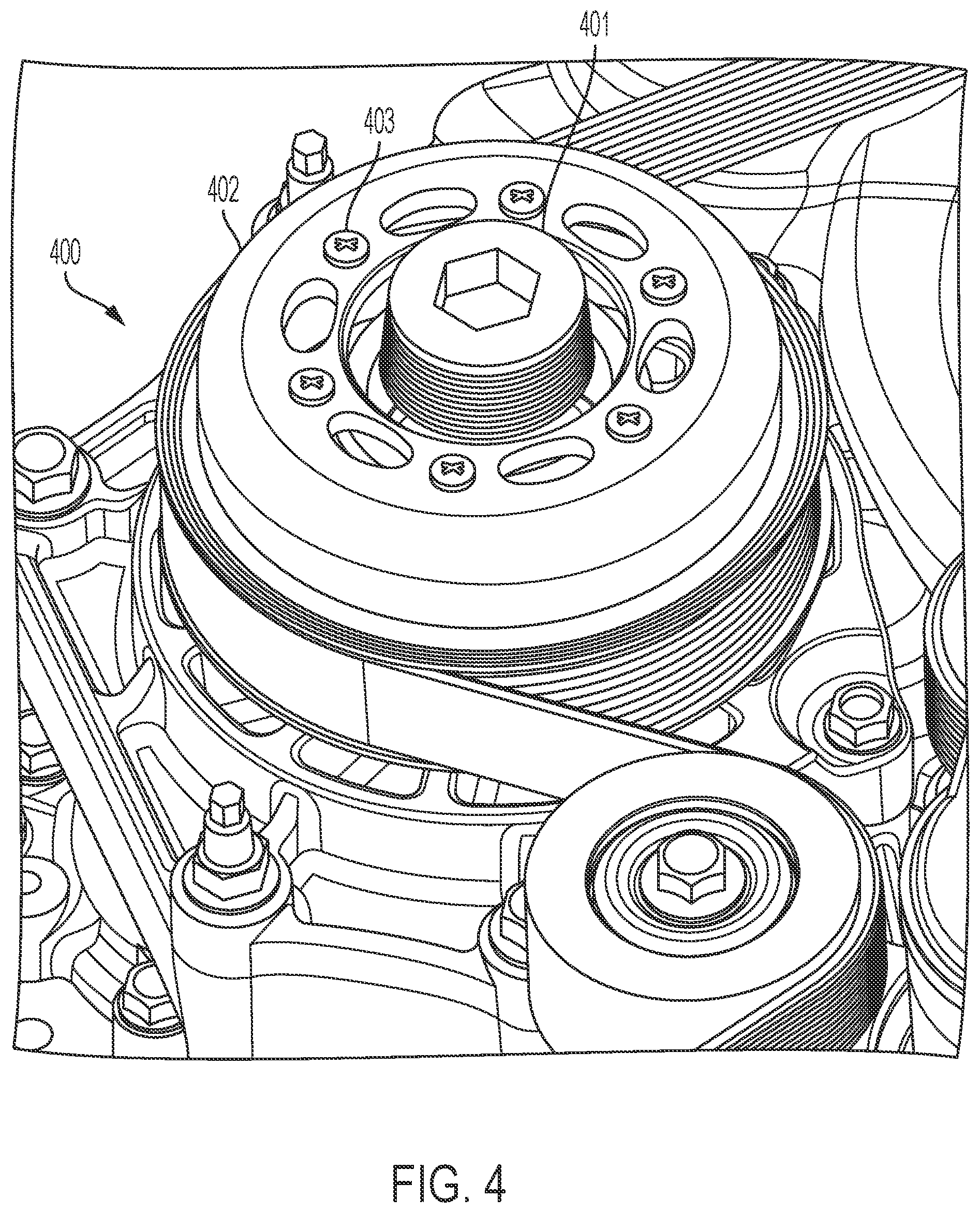 Patent US12098762 Figure 4 – Low axial runout driven pulley through the application of a spindle shaft utilizing multiple sets of bearings with radial clearance to the shaft