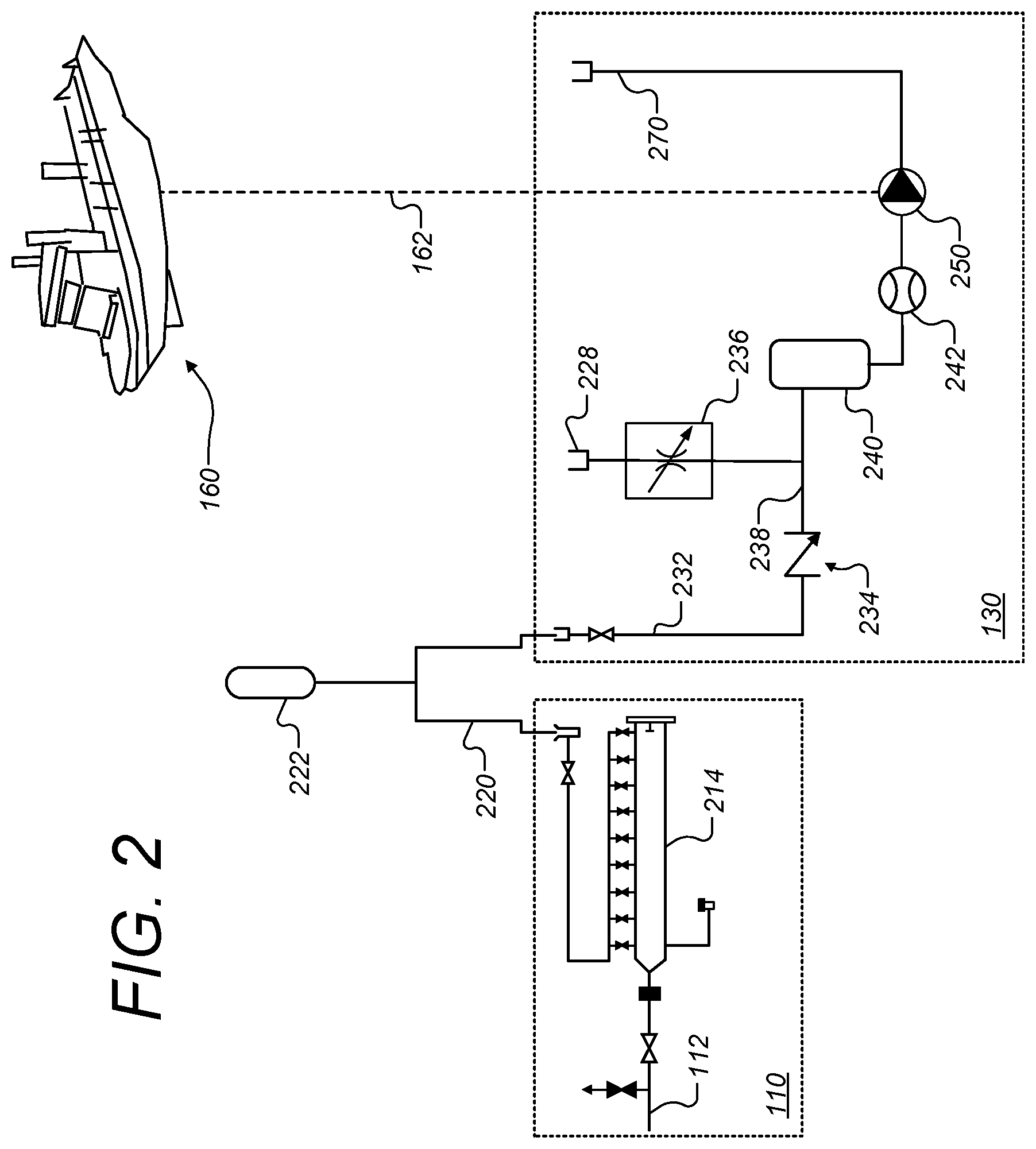 Patent US12098796 Figure 2 – System for dewatering a flowline including a multiphase pump connected at a lower end of the flowline
