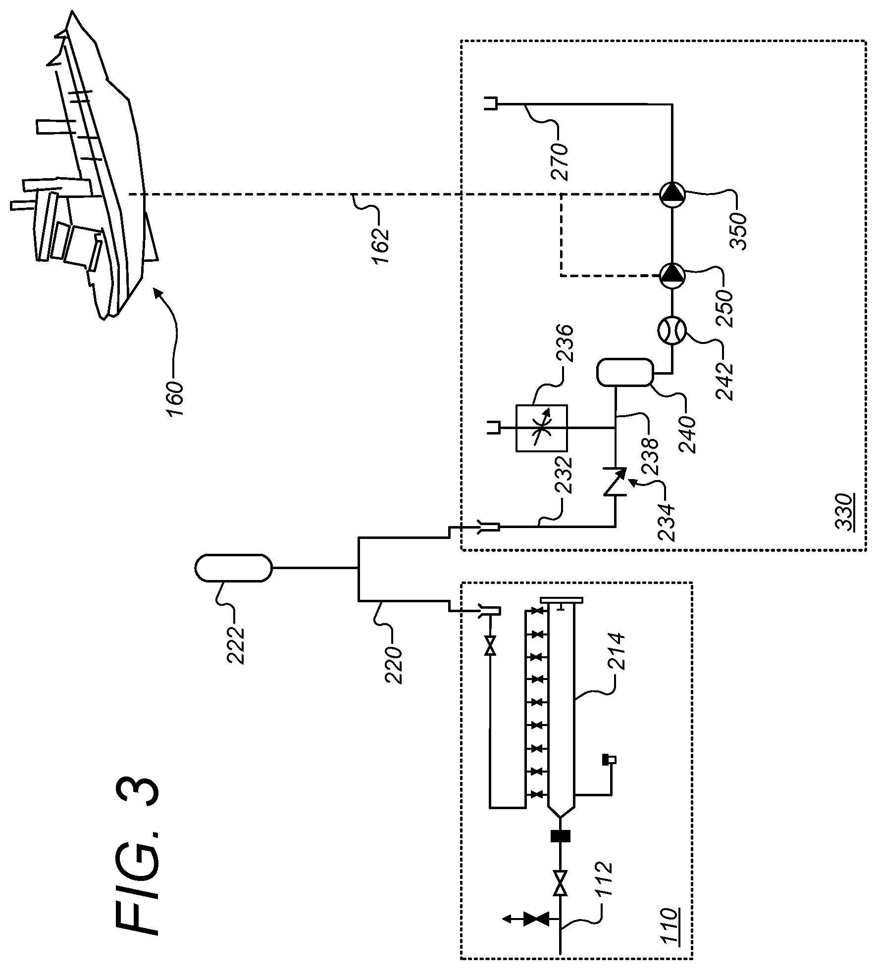 Patent US12098796 Figure 3 – System for dewatering a flowline including a multiphase pump connected at a lower end of the flowline