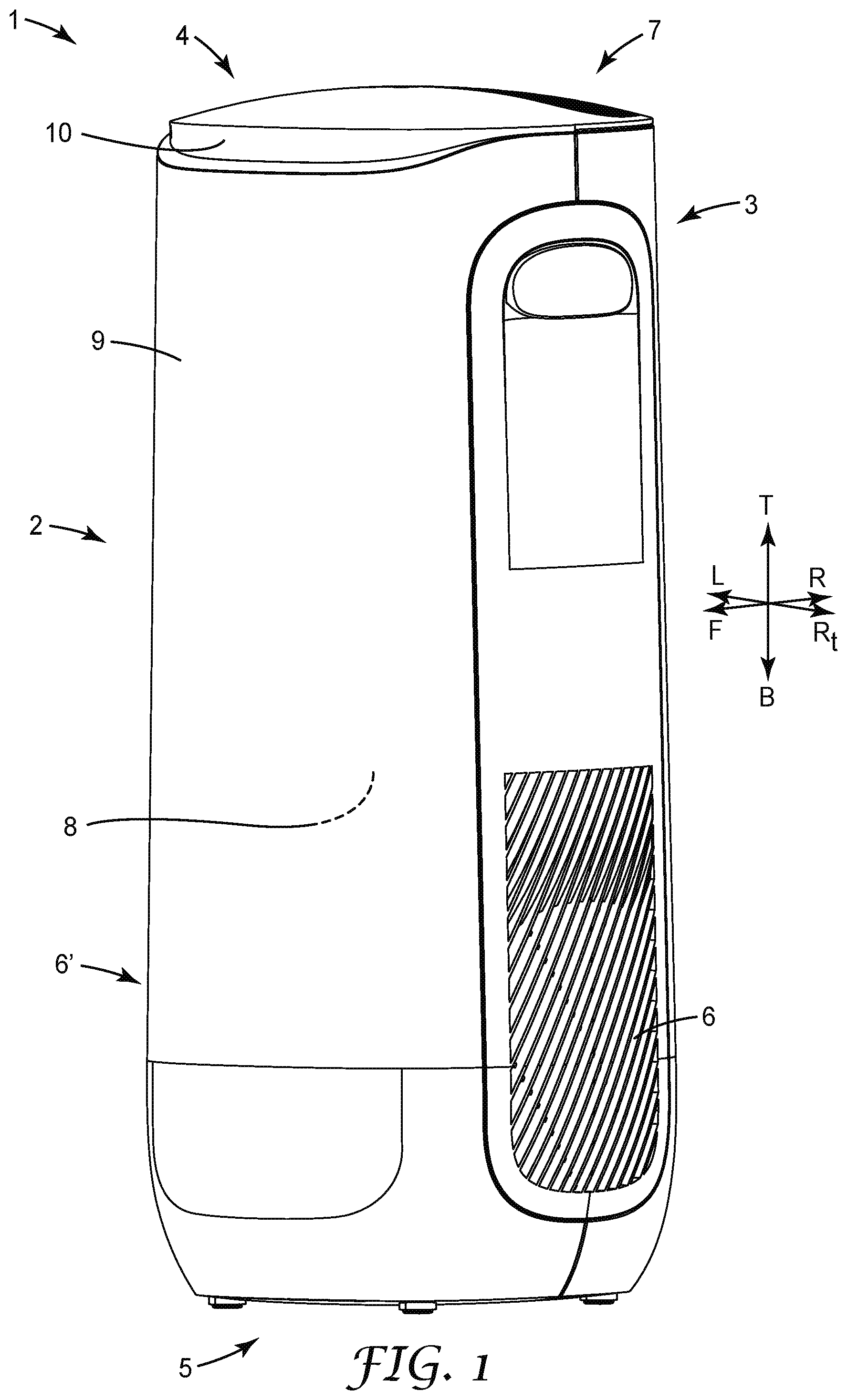 Patent US12098856 Figure 1 – Powered room air purifier with air-quality visual indicator
