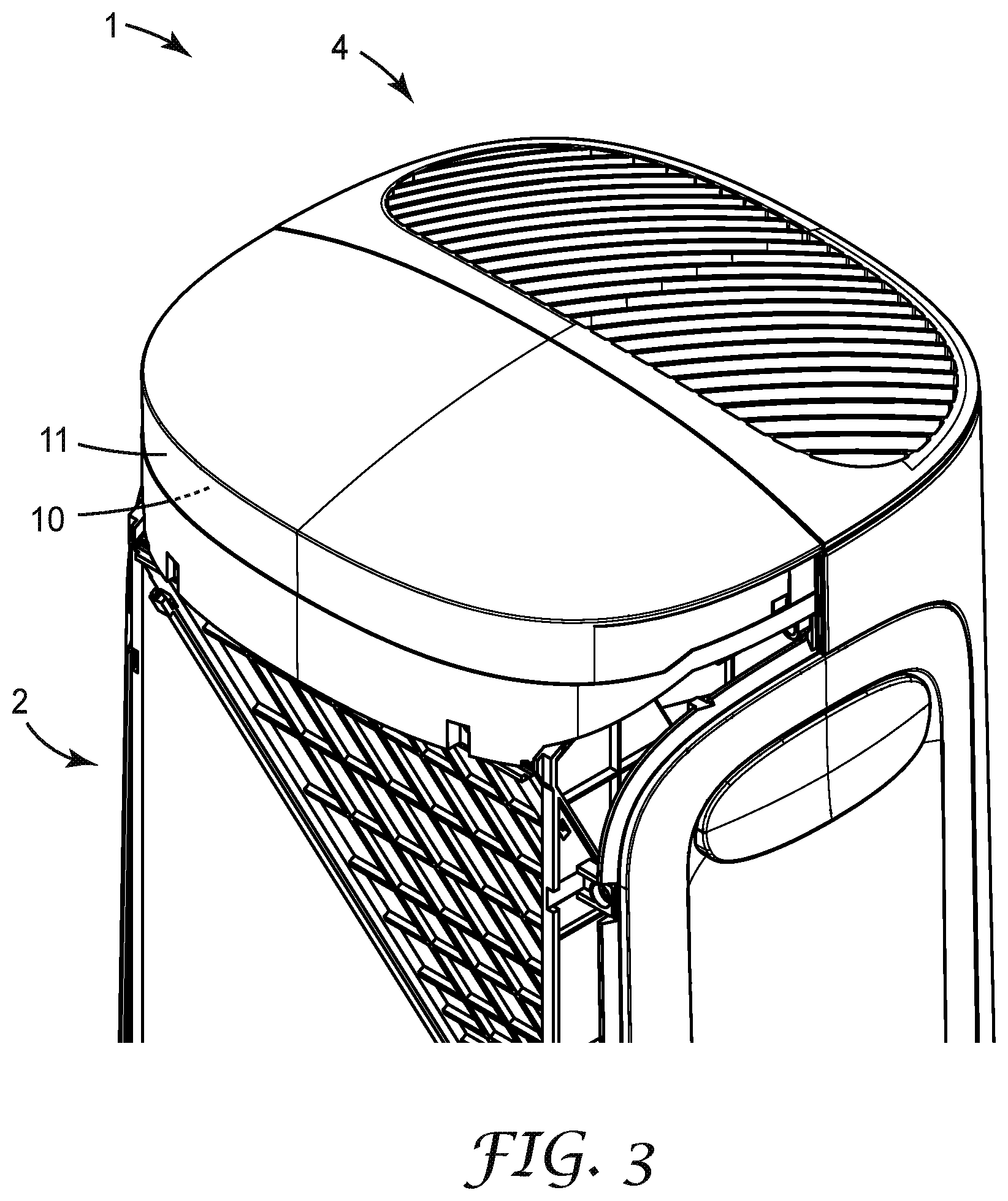 Patent US12098856 Figure 3 – Powered room air purifier with air-quality visual indicator