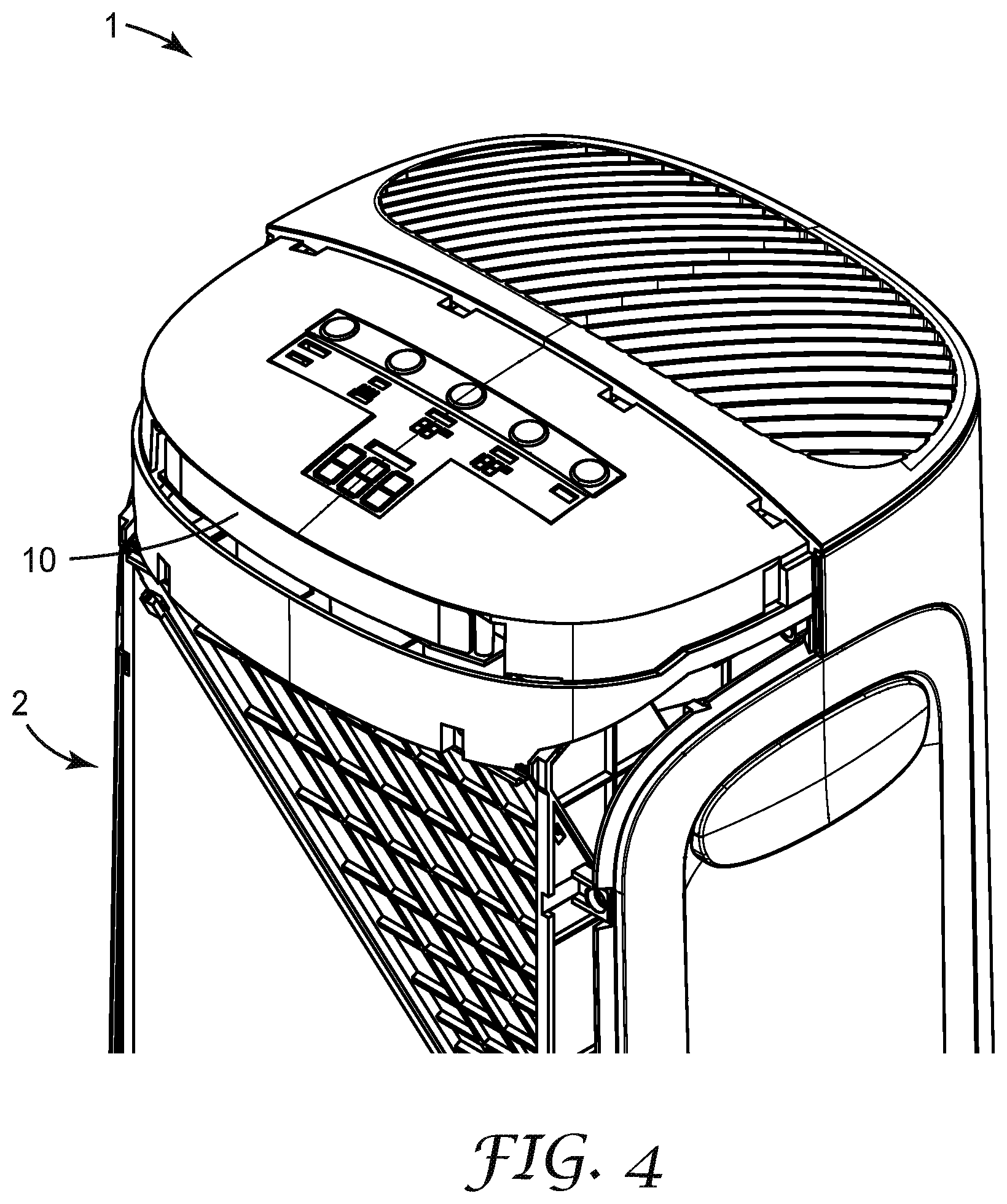 Patent US12098856 Figure 4 – Powered room air purifier with air-quality visual indicator
