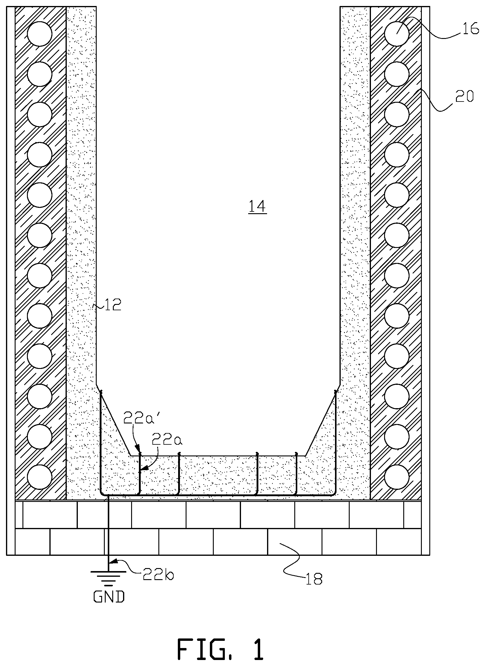Patent US12098886 Figure 1 – Electric induction furnace with lining wear detection system