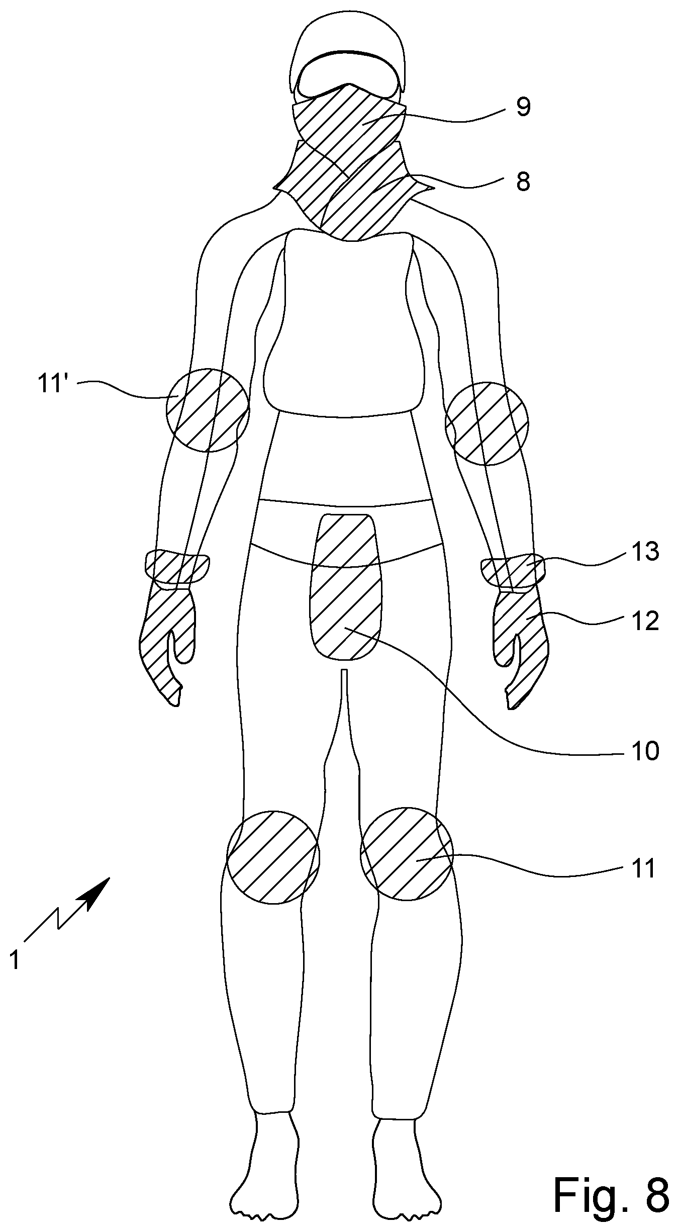 Patent US12098906 Figure 9 – Protective clothing unit having preferably textile fragment protection equipment