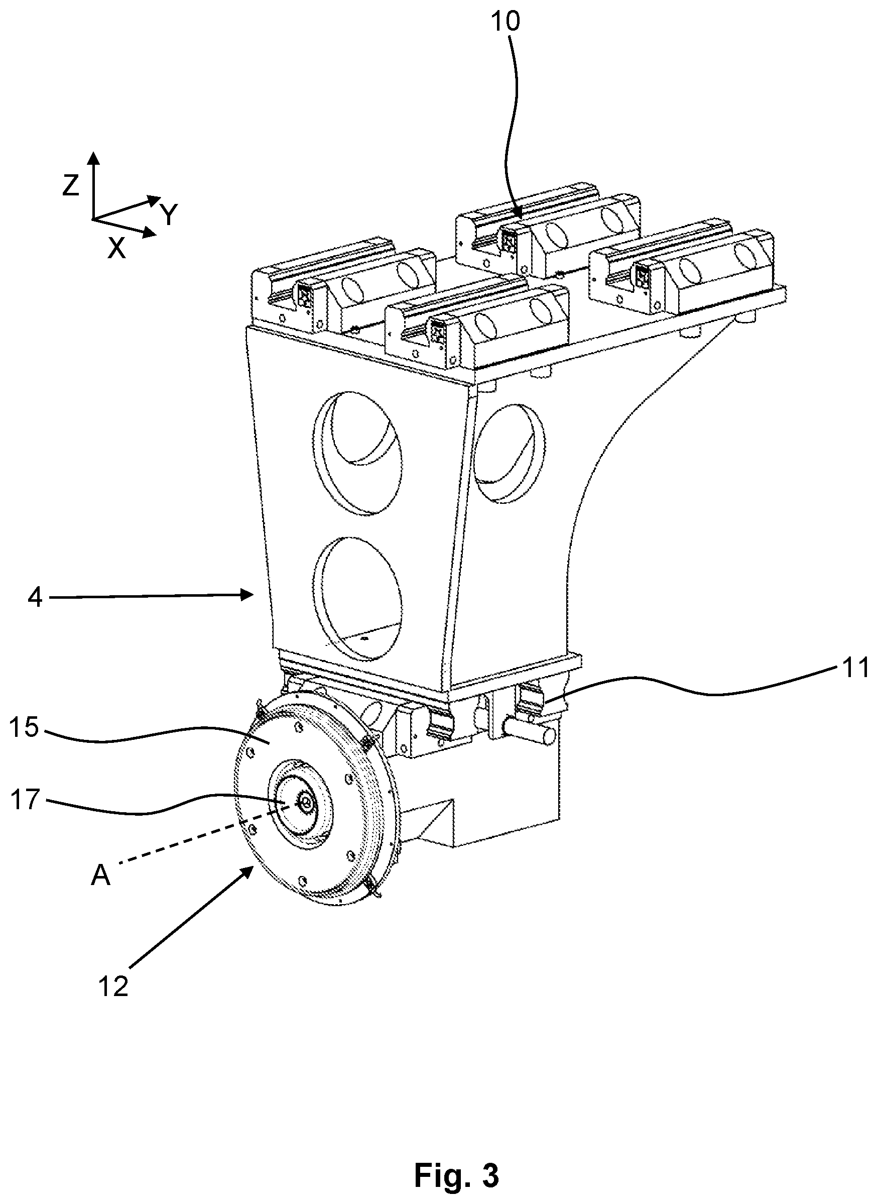 Patent US12098917 Figure 3 – Device for measuring the geometry of an axle of a motor vehicle