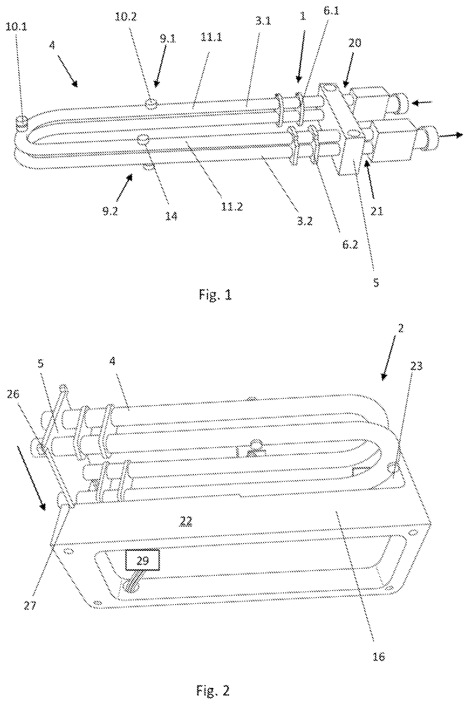Patent US12098939 Figure 1 – Measuring tube arrangement and carrier unit of a measuring device for detecting a parameter of a flowable medium