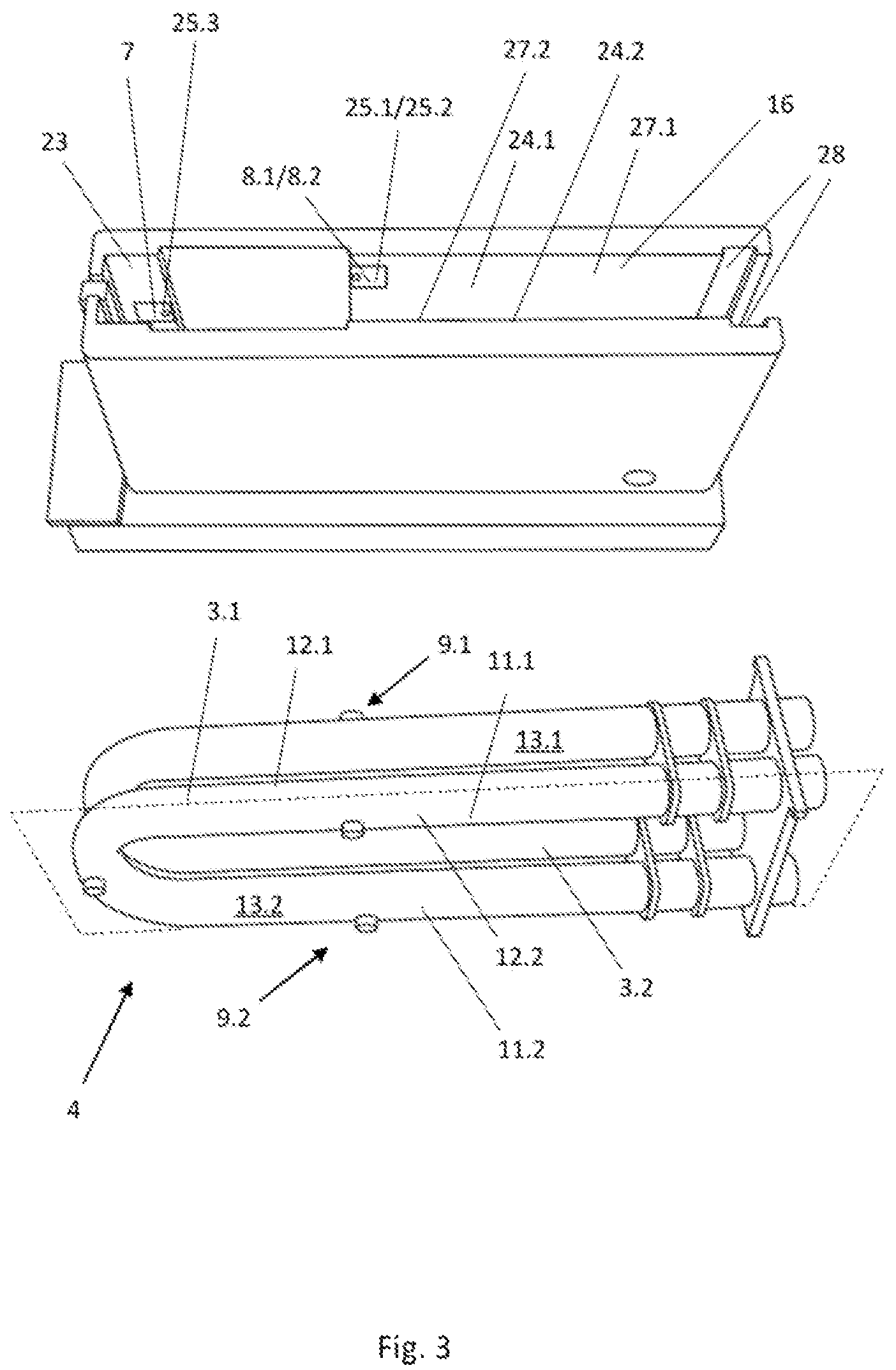 Patent US12098939 Figure 2 – Measuring tube arrangement and carrier unit of a measuring device for detecting a parameter of a flowable medium