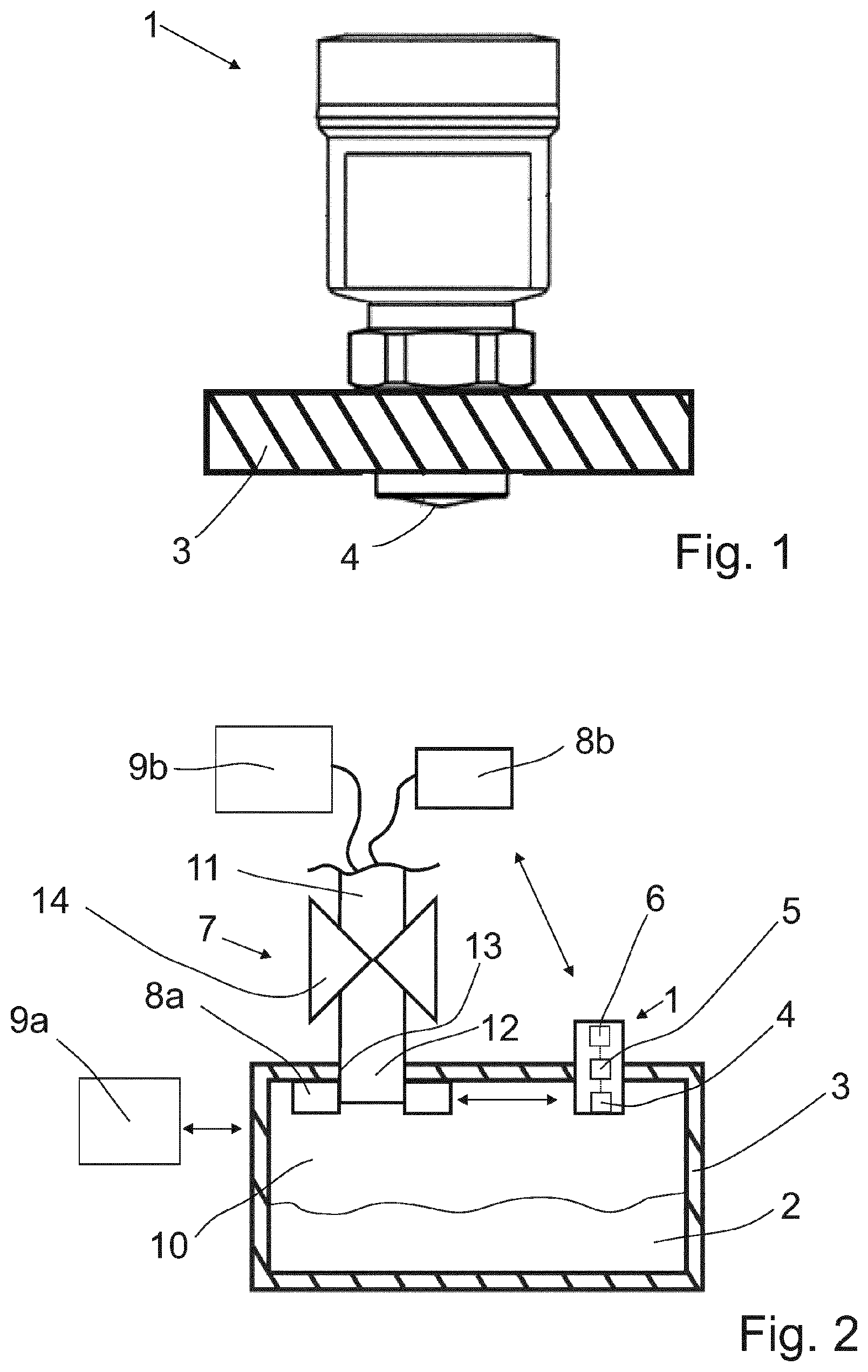 Patent US12098943 Figure 1 – Measuring device for detecting a filling or limit level of a filling material in a container and method for filling or emptying a container with or of a filling material