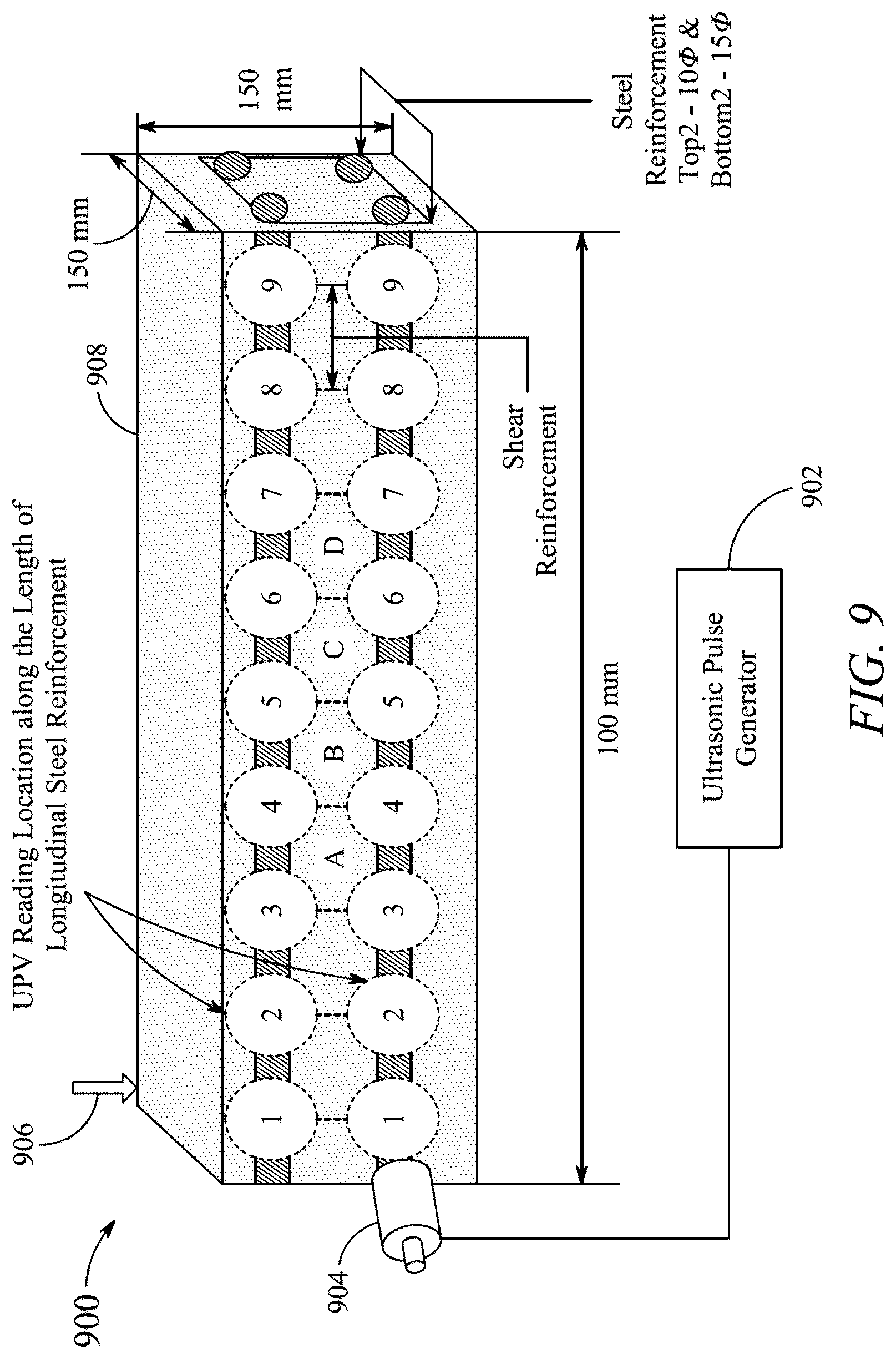 Patent US12099036 Figure 10 – Testing method for concrete beam having steel reinforcement