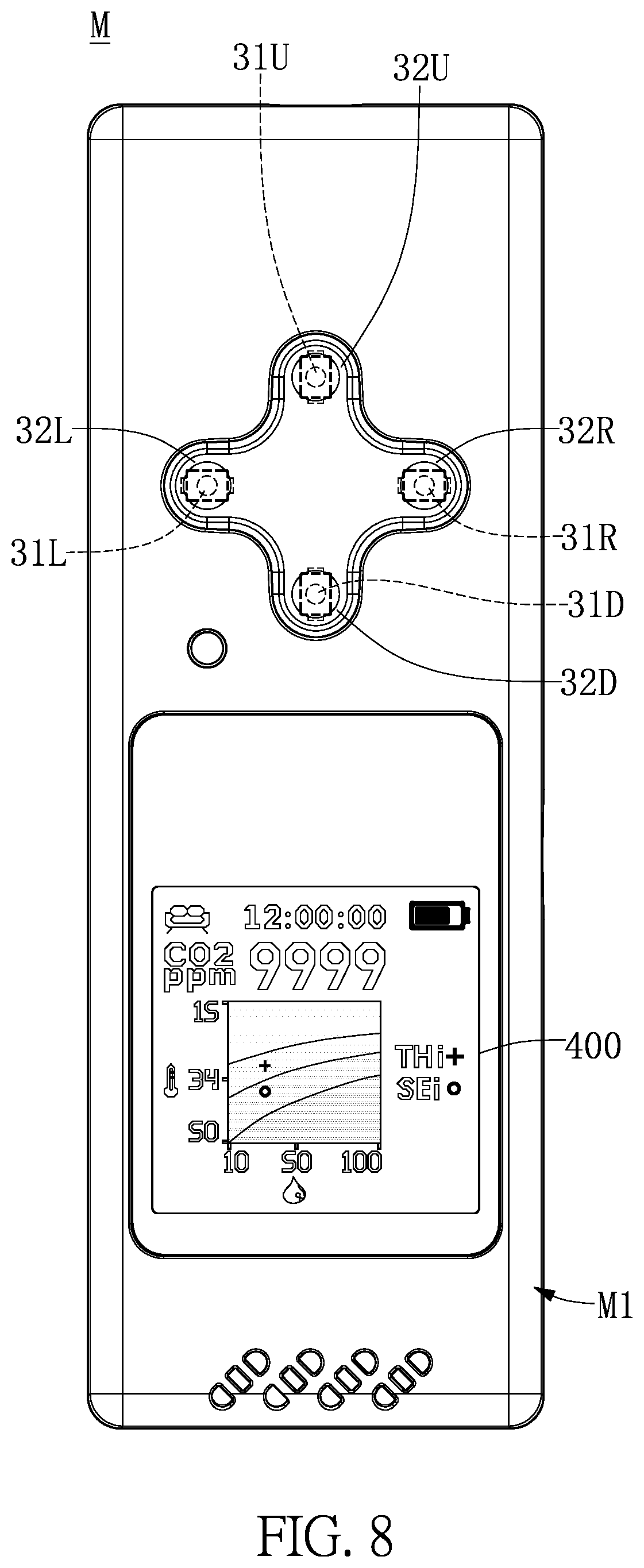 Patent US12099044 Figure 8 – Portable electronic device for use in different orientations