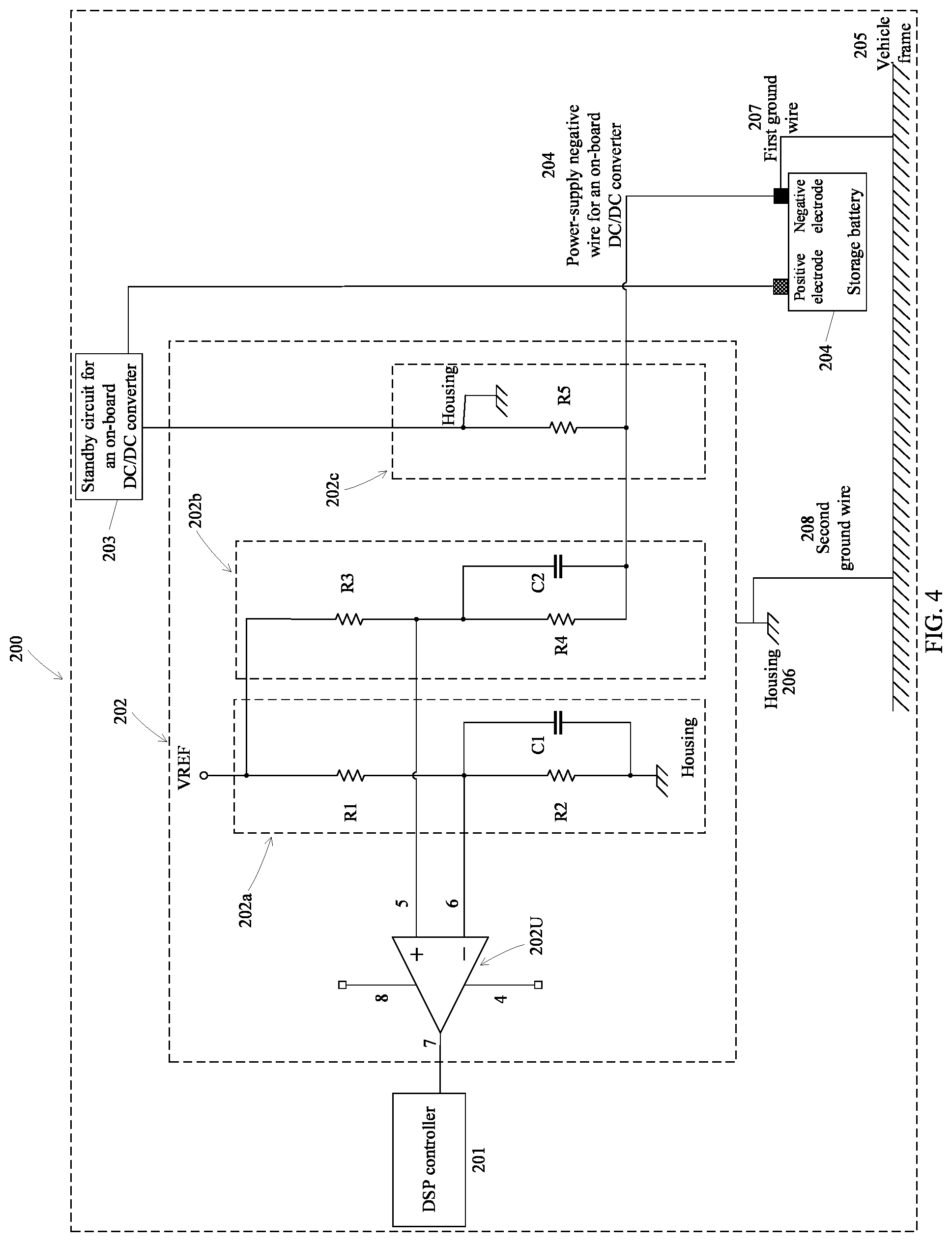 Patent US12099098 Figure 4 – Detection circuit for on-board direct current/direct current (DC/DC) ground wire and on-board device