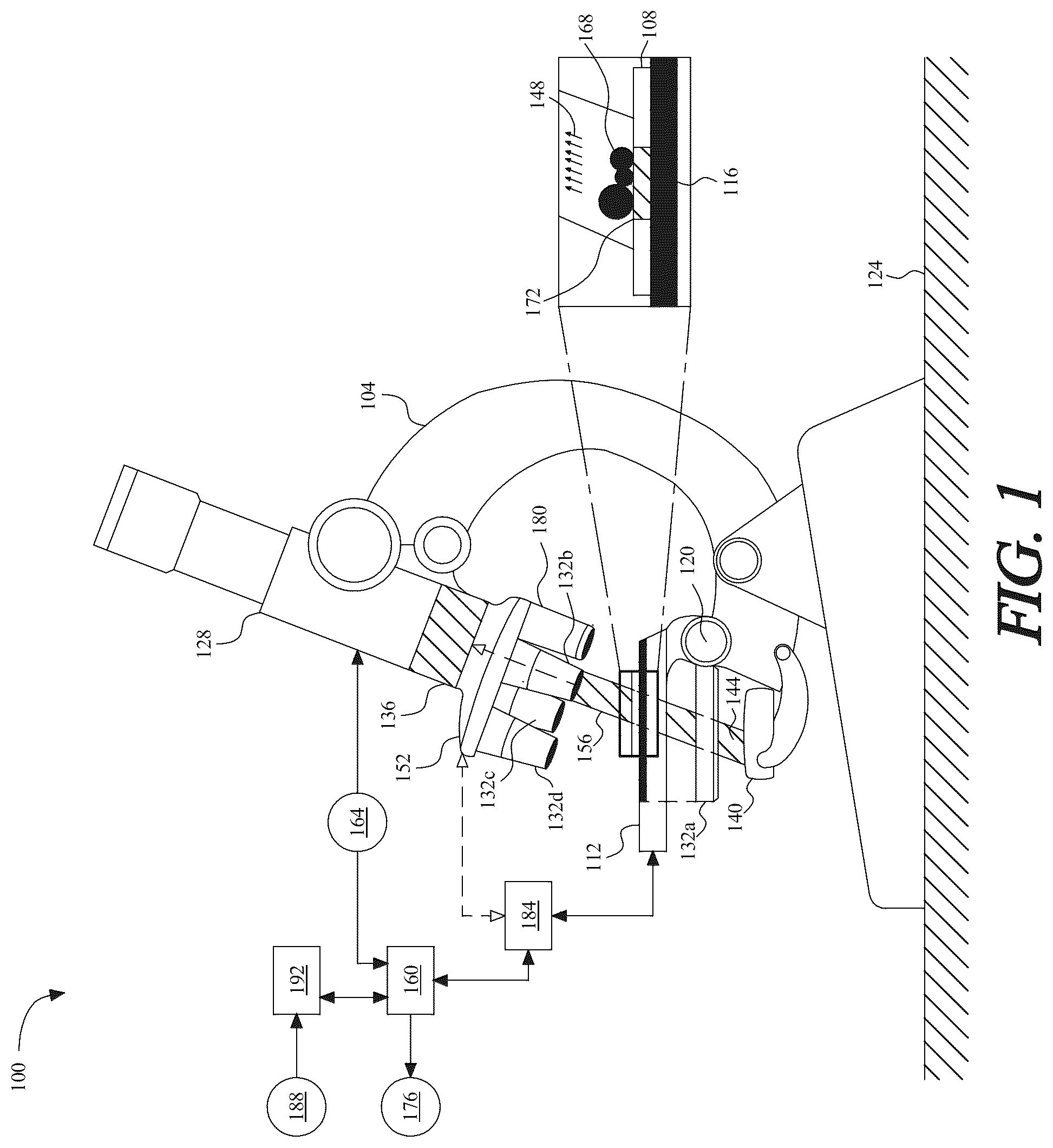 Patent US12099184 — System and methods for detecting and cleaning contaminants from an imaging optical path — Figure 1