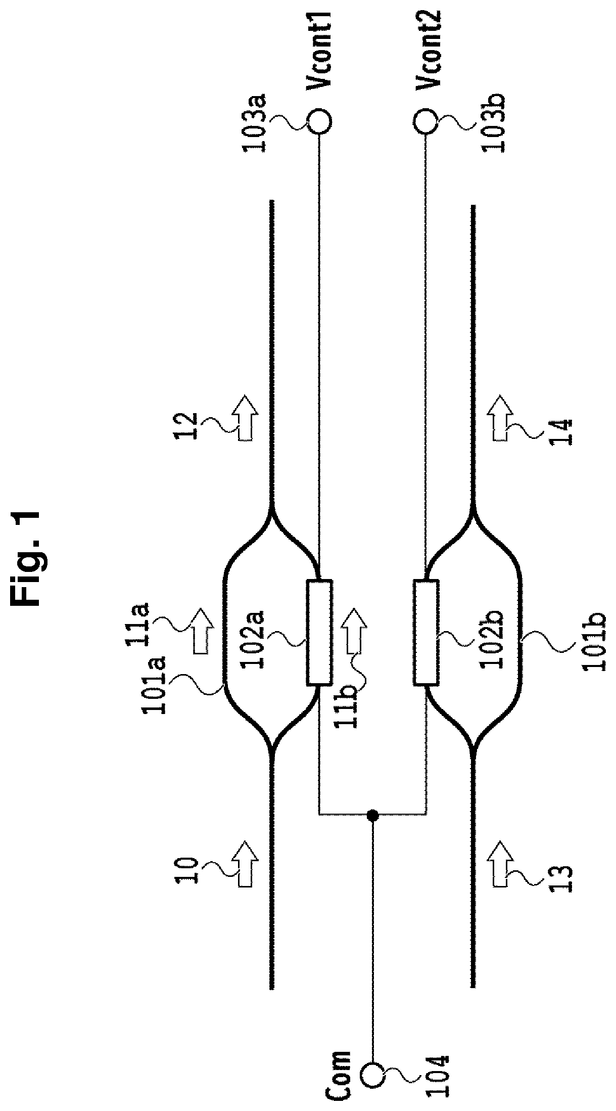 Patent US12099266 Figure 1 – Optical circuit with common ground configuration for resistors and thermo-optic phase shifters