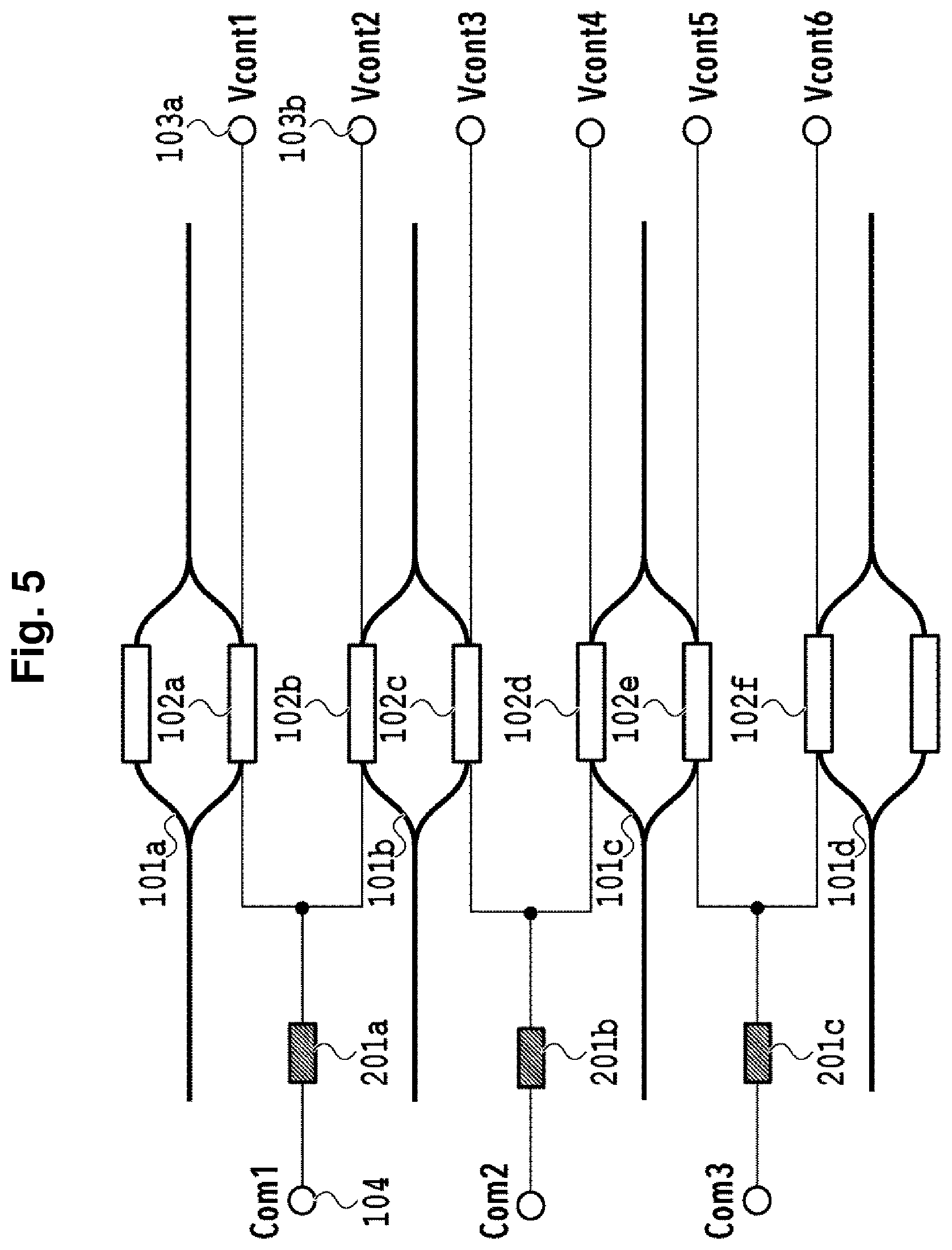 Patent US12099266 Figure 5 – Optical circuit with common ground configuration for resistors and thermo-optic phase shifters