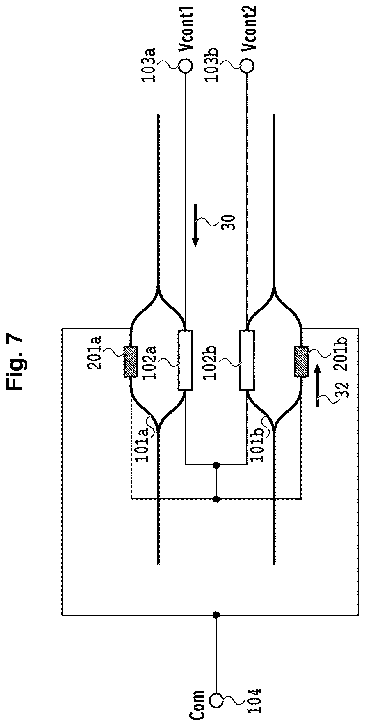 Patent US12099266 Figure 7 – Optical circuit with common ground configuration for resistors and thermo-optic phase shifters
