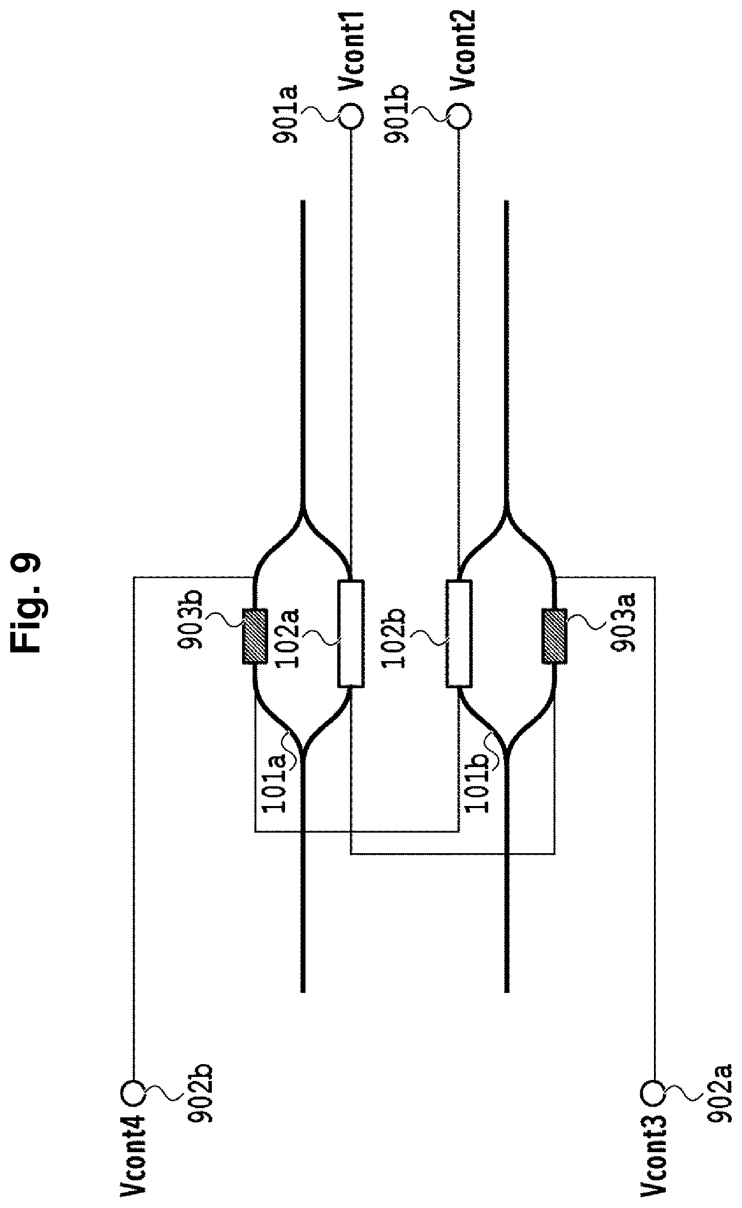 Patent US12099266 Figure 9 – Optical circuit with common ground configuration for resistors and thermo-optic phase shifters