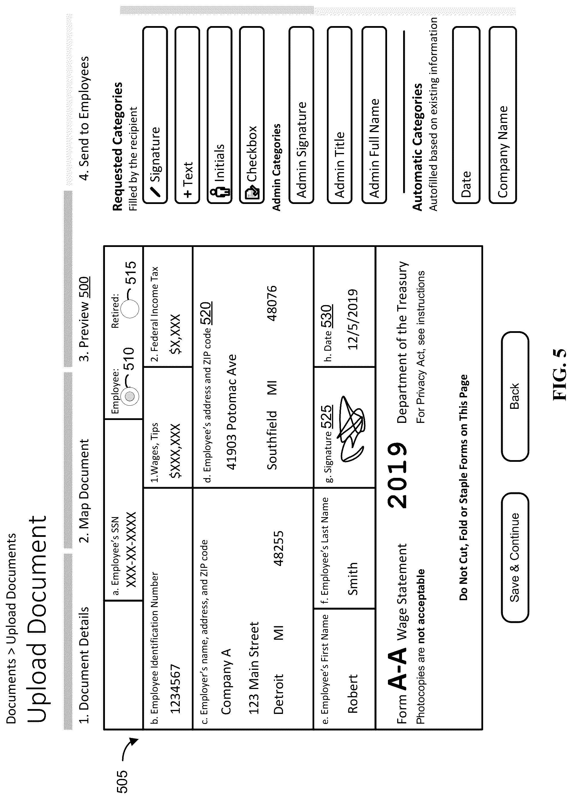 Patent US12099549 Figure 5 – Automated field placement for uploaded documents