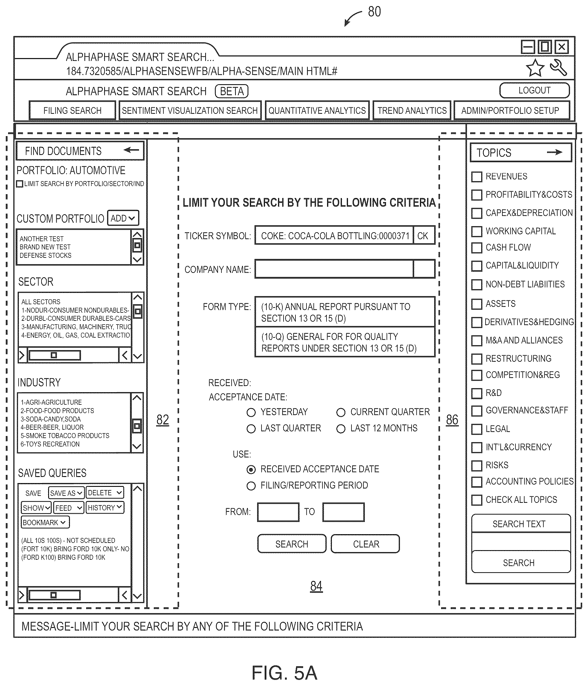 Patent US12099562 Figure 5 – User interface for use with a search engine for searching financial related documents