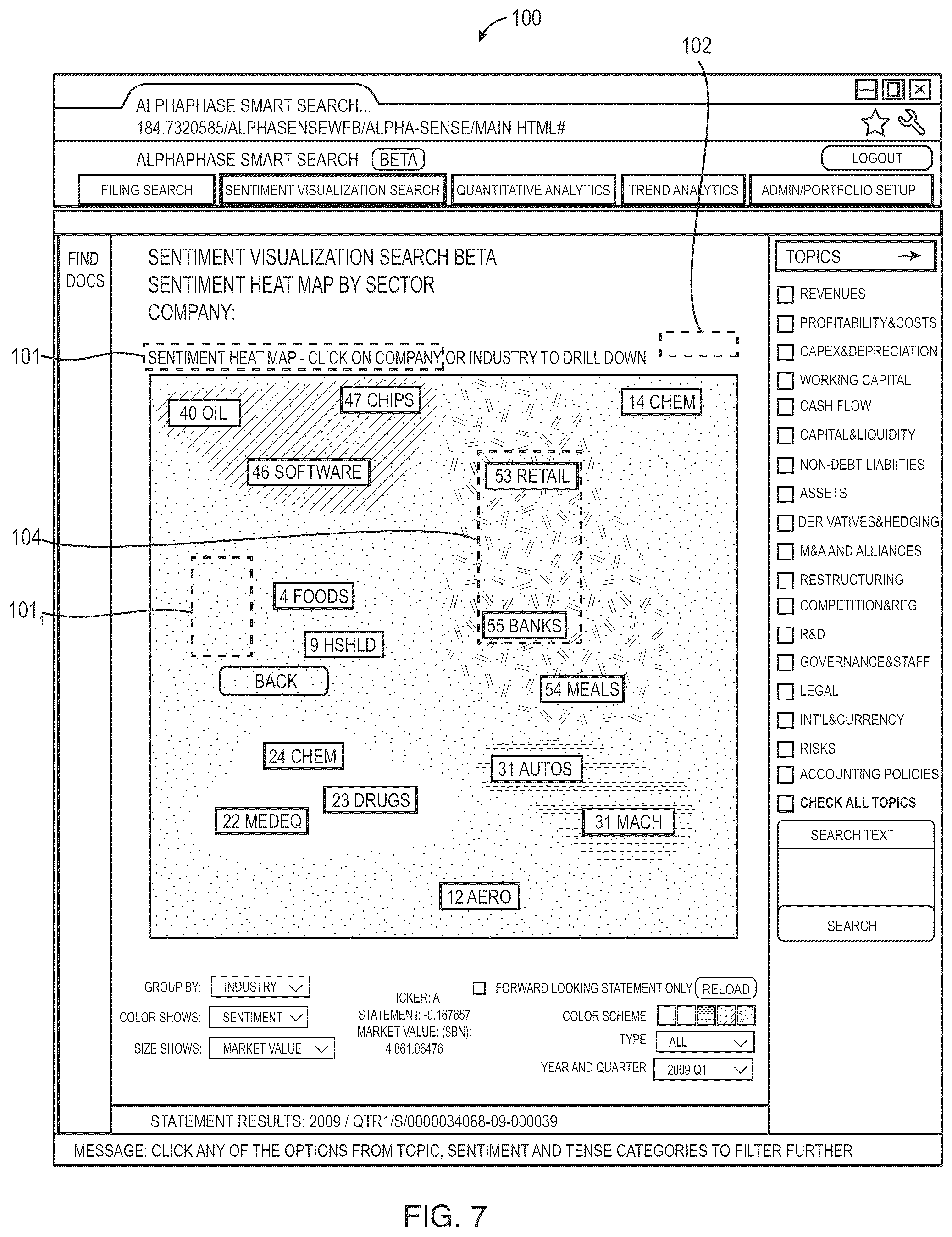 Patent US12099562 Figure 8 – User interface for use with a search engine for searching financial related documents