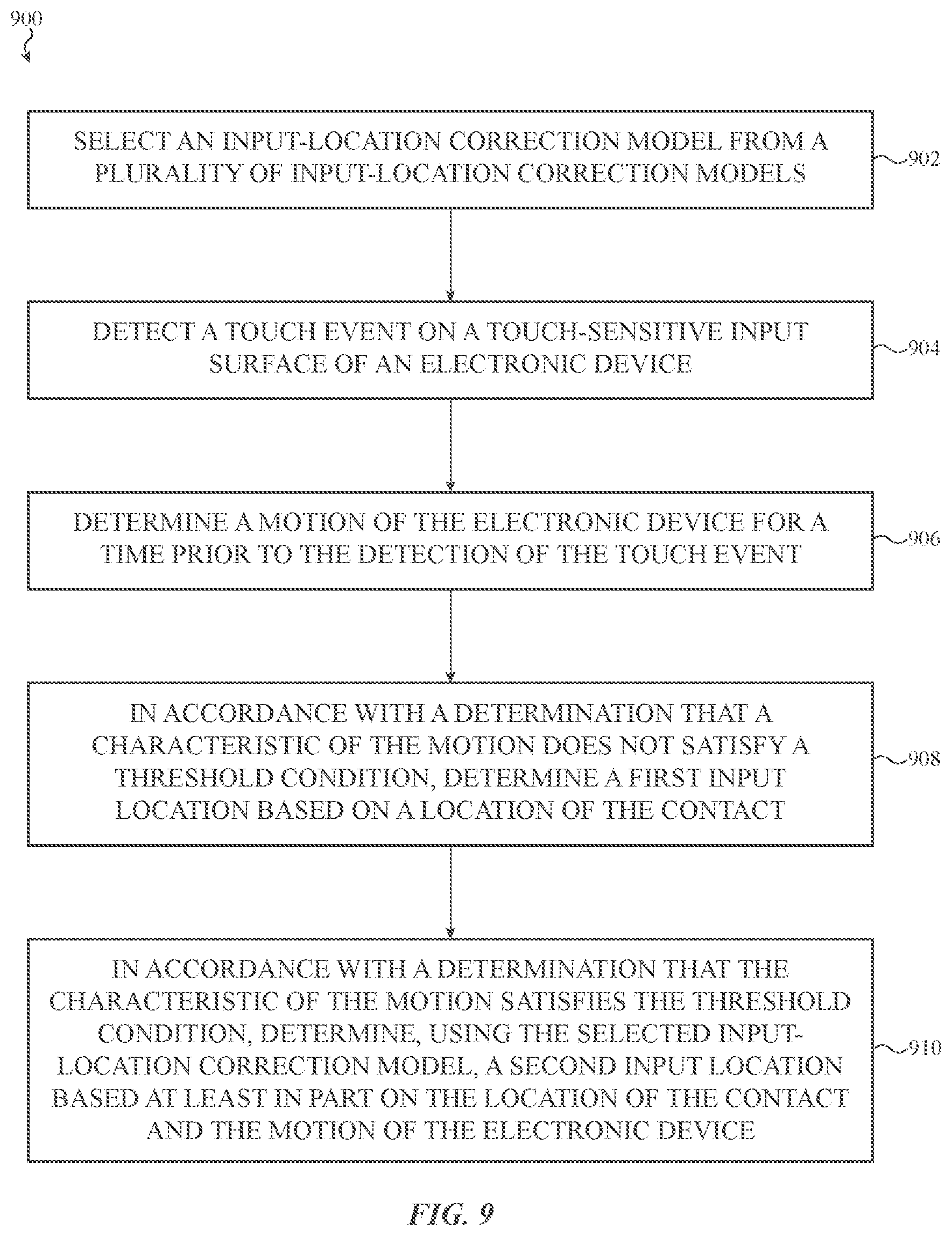 Patent US12099684 Figure 9 – Input location correction based on device motion