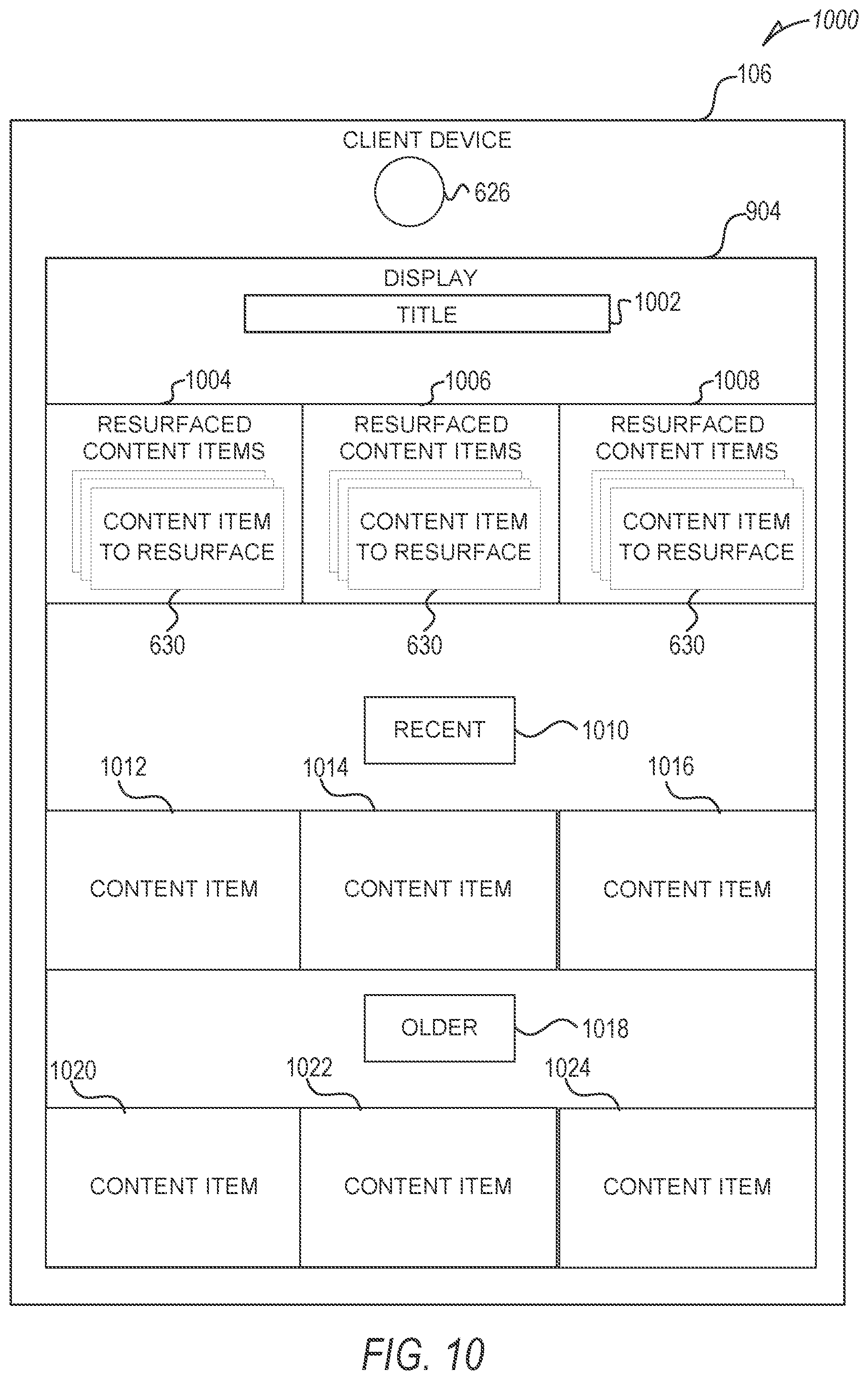 Patent US12099702 Figure 10 – Messaging system for resurfacing content items