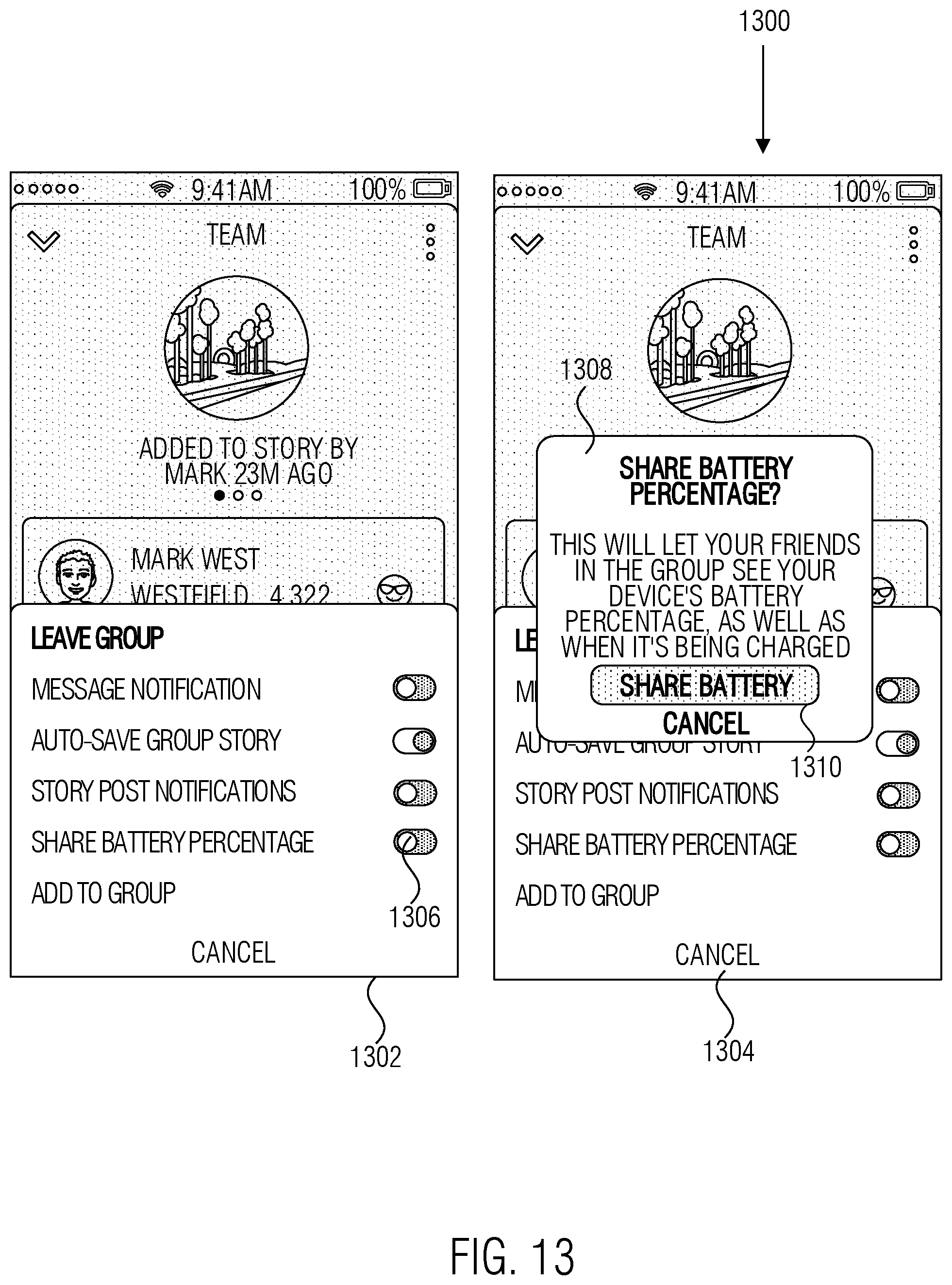 Patent US12099703 Figure 13 – Messaging system with battery level sharing