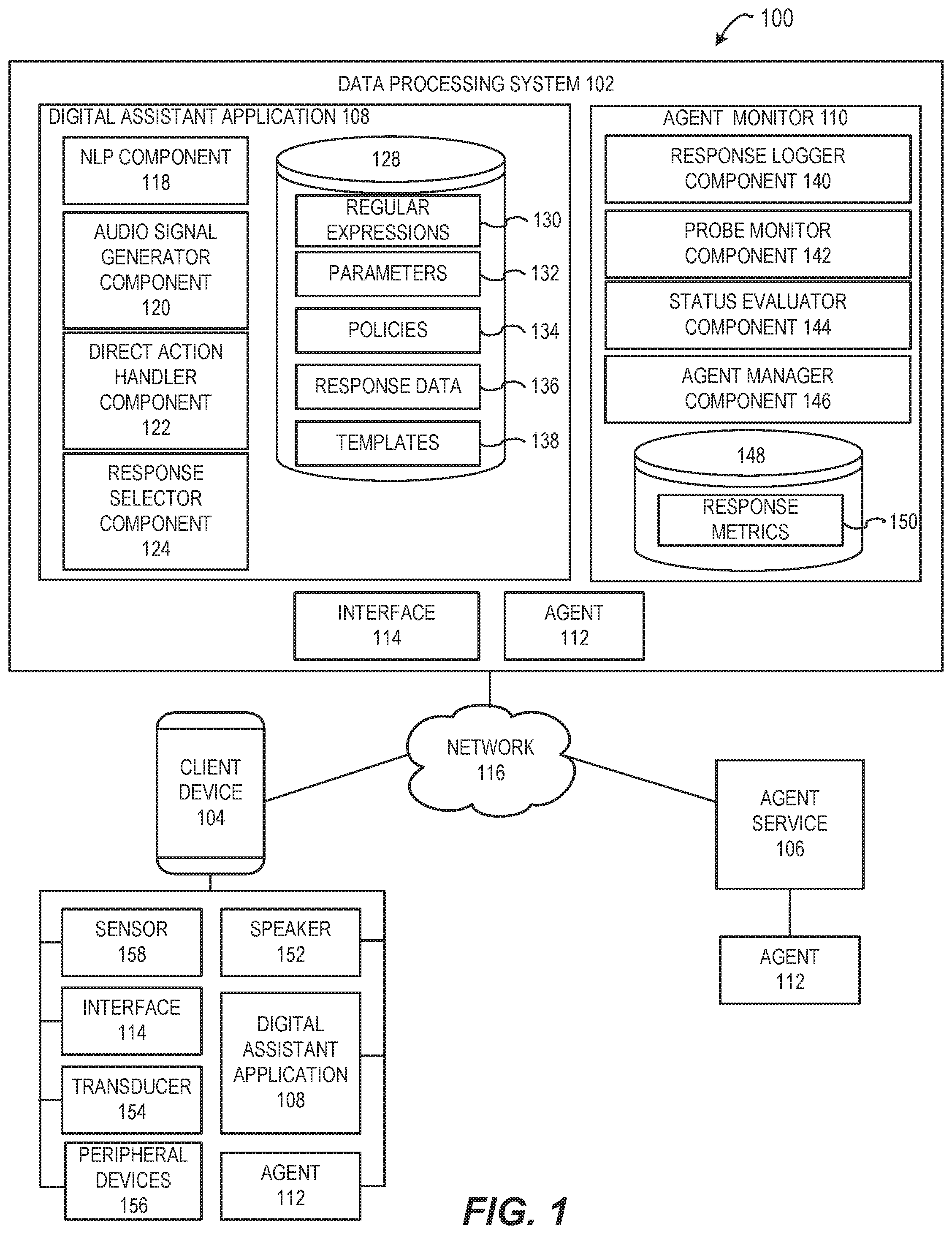 Patent US12099778 — Verifying operational statuses of agents interfacing with digital assistant applications — Figure 1
