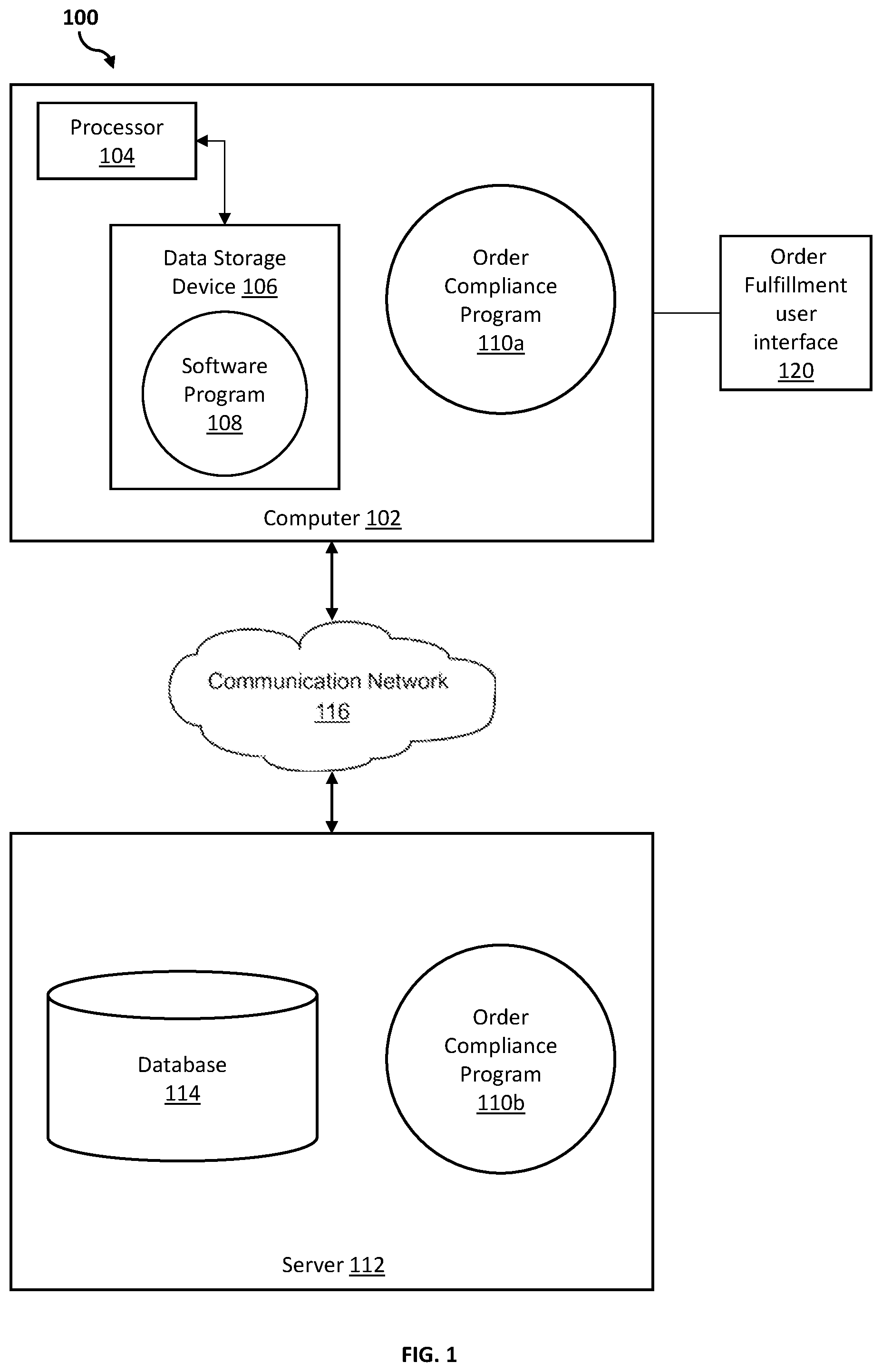 Patent US12099958 Figure 1 – Methods, systems, and computer program products for order compliance tracking of electronic components