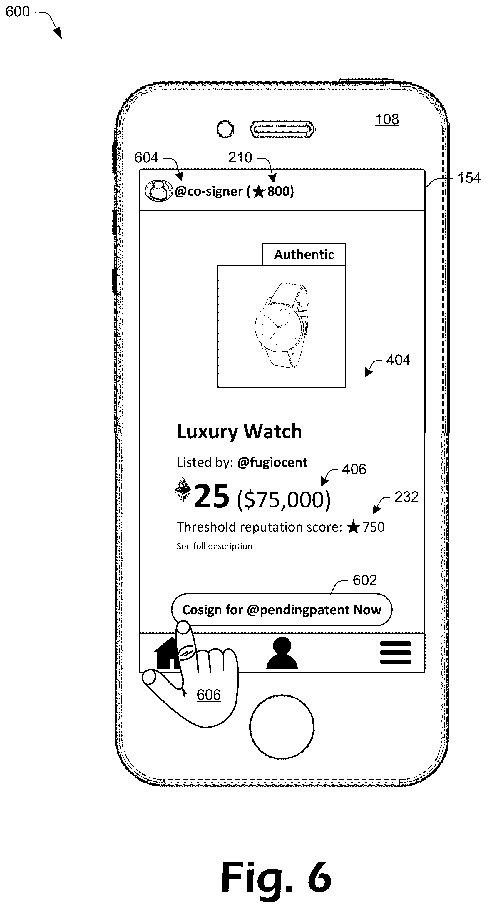 Patent US12100001 Figure 6 – Cosigning using tokenized reputation scores