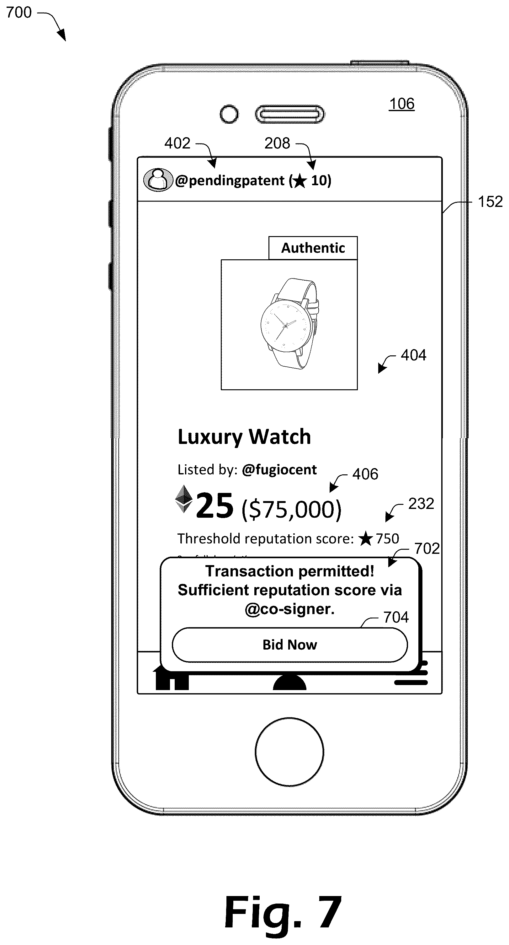 Patent US12100001 Figure 7 – Cosigning using tokenized reputation scores