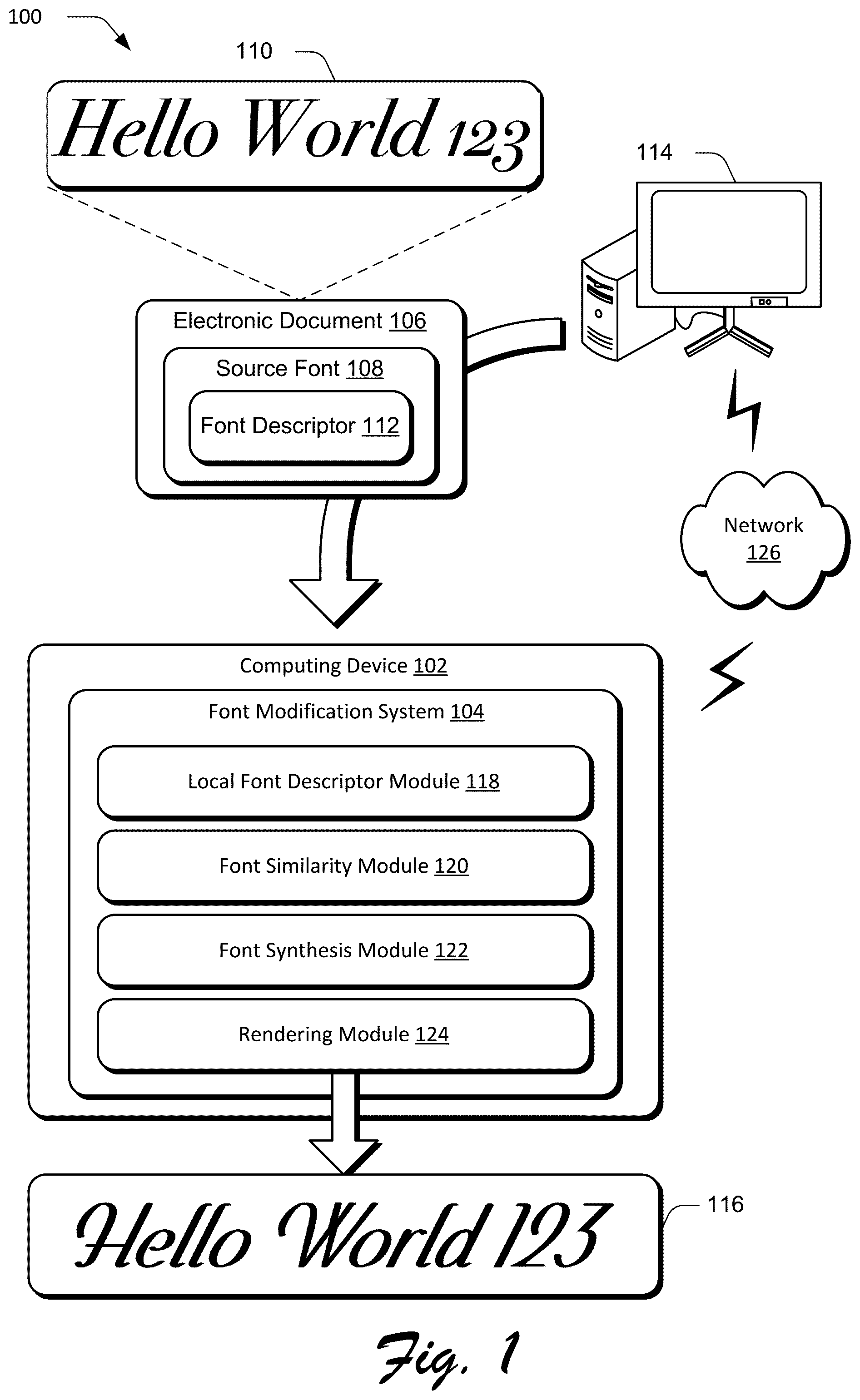Patent US12100076 Figure 1 – Preserving document design using font synthesis