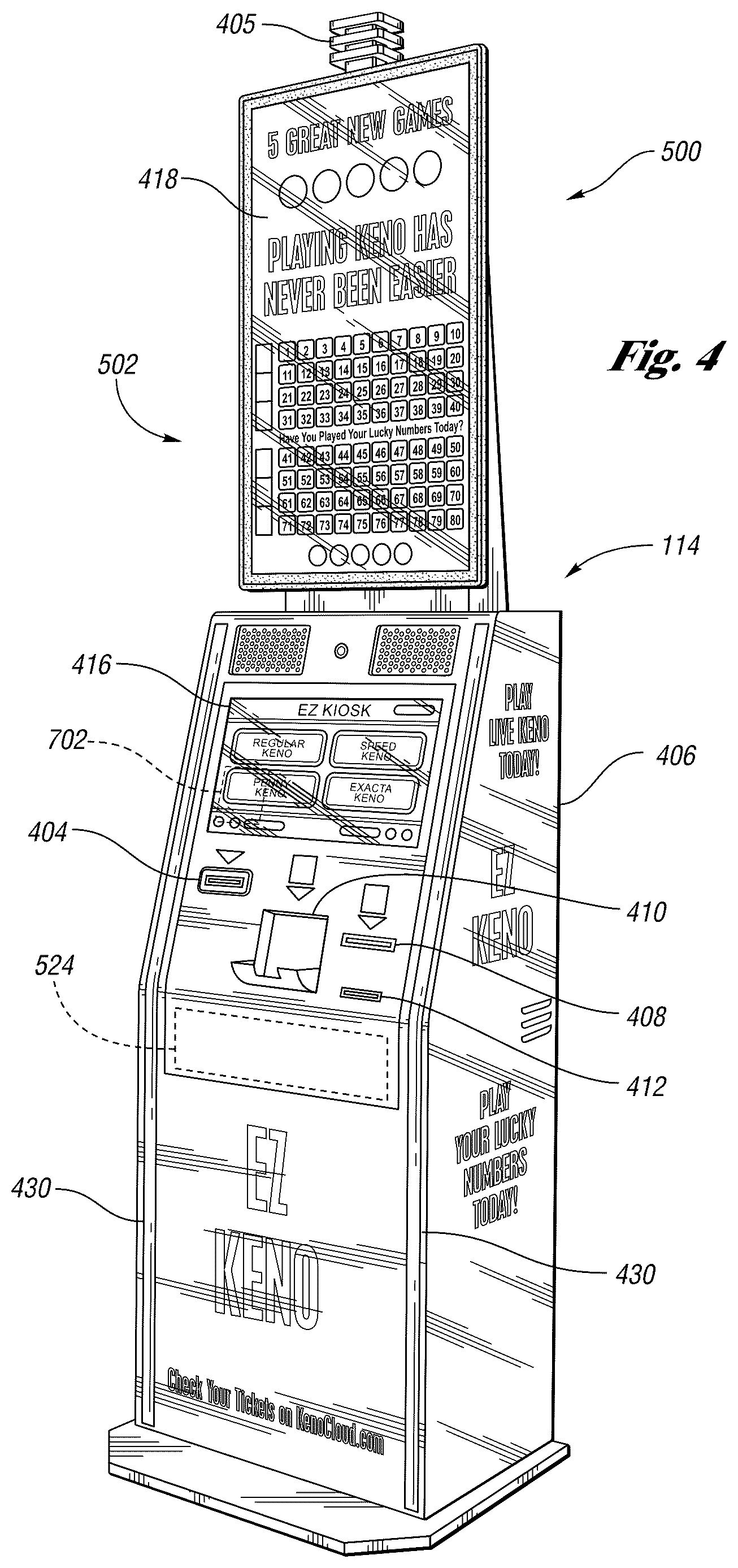 Patent US12100268 Figure 4 – Systems and methods for using volatility stabilizing sub-event triggers for a primary game and/or secondary game of chance including randomized independent expanding reels with dynamically changing graphical elements