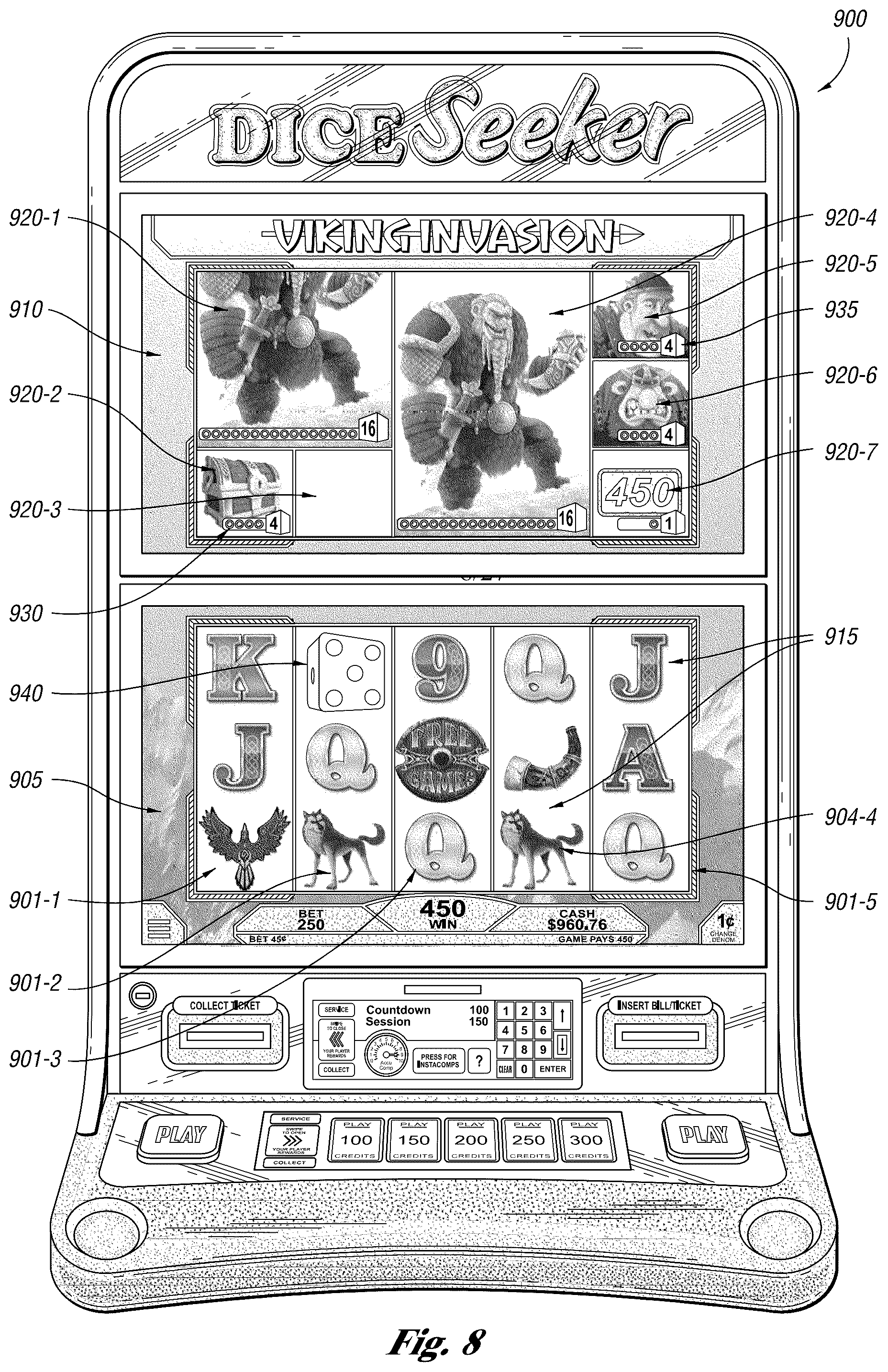 Patent US12100268 Figure 8 – Systems and methods for using volatility stabilizing sub-event triggers for a primary game and/or secondary game of chance including randomized independent expanding reels with dynamically changing graphical elements