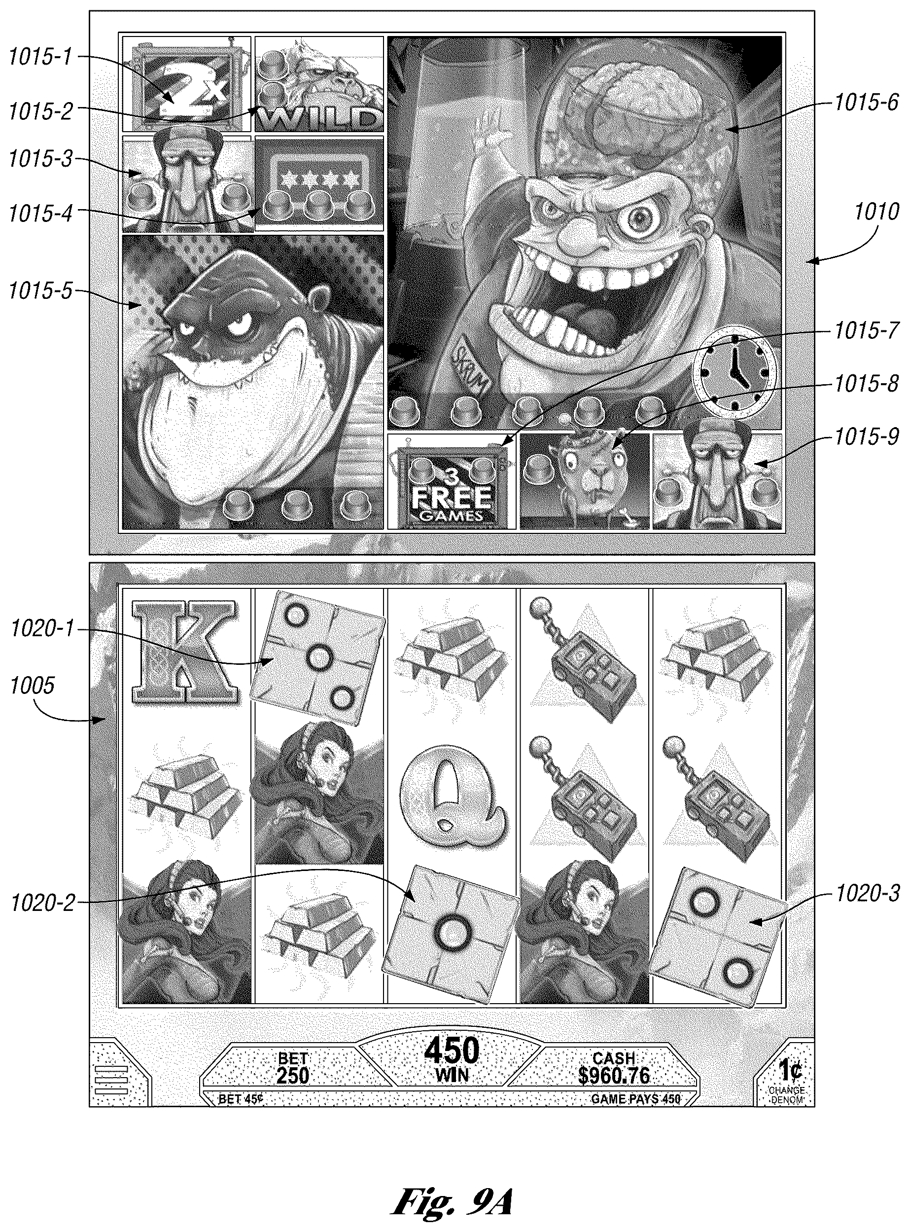 Patent US12100268 Figure 9 – Systems and methods for using volatility stabilizing sub-event triggers for a primary game and/or secondary game of chance including randomized independent expanding reels with dynamically changing graphical elements