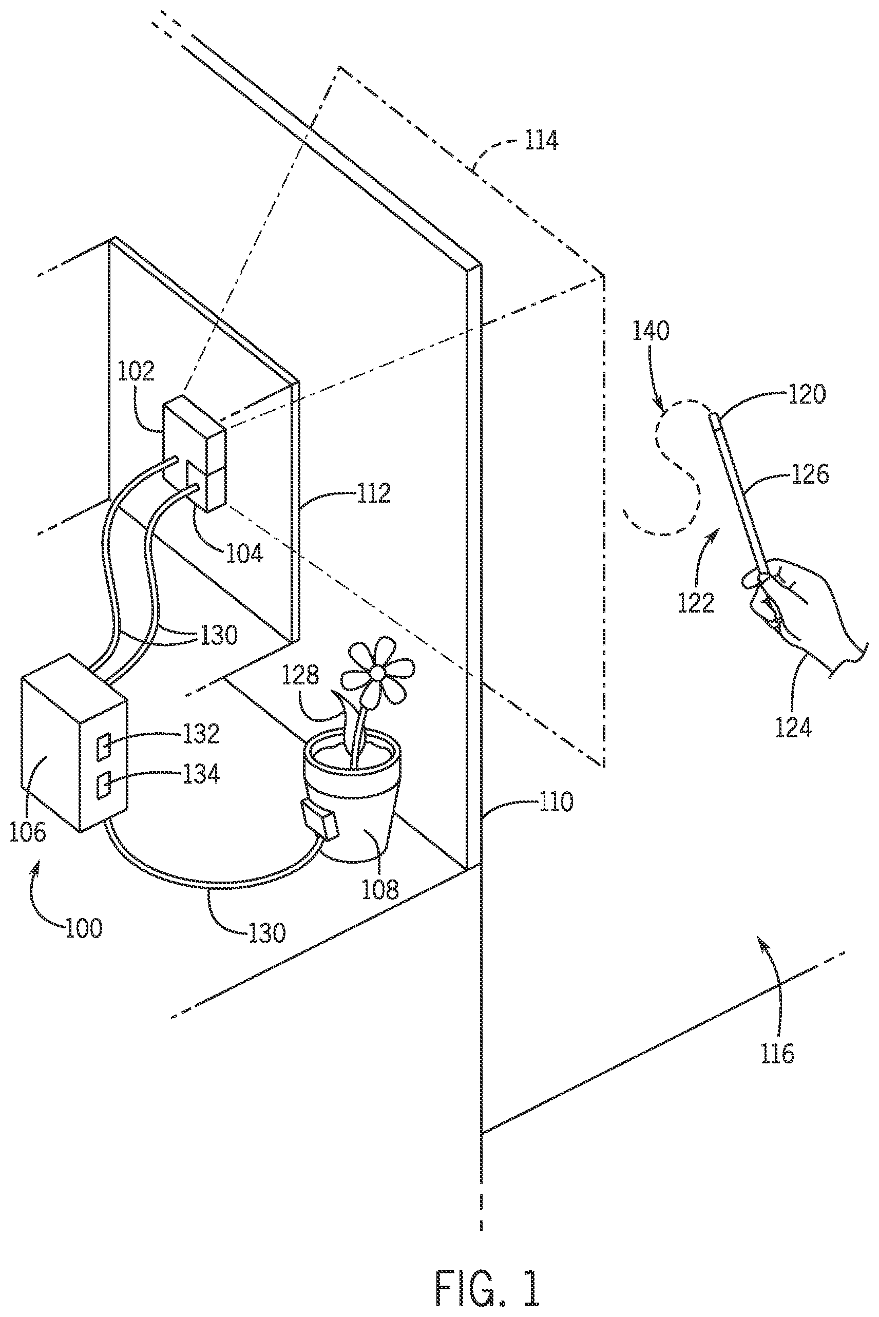Patent US12100292 Figure 1 – System and method for tracking a passive wand and actuating an effect based on a detected wand path