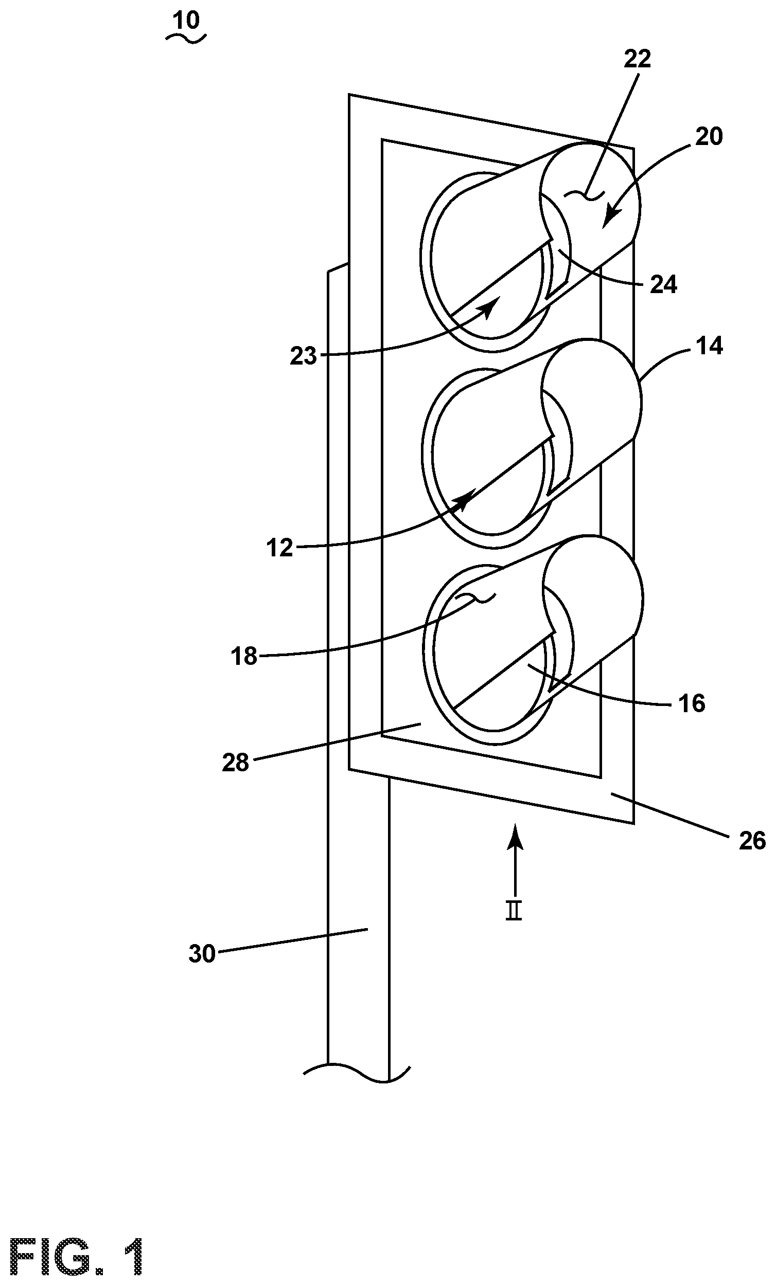 Patent US12100296 Figure 1 – Traffic signal assembly with heating element