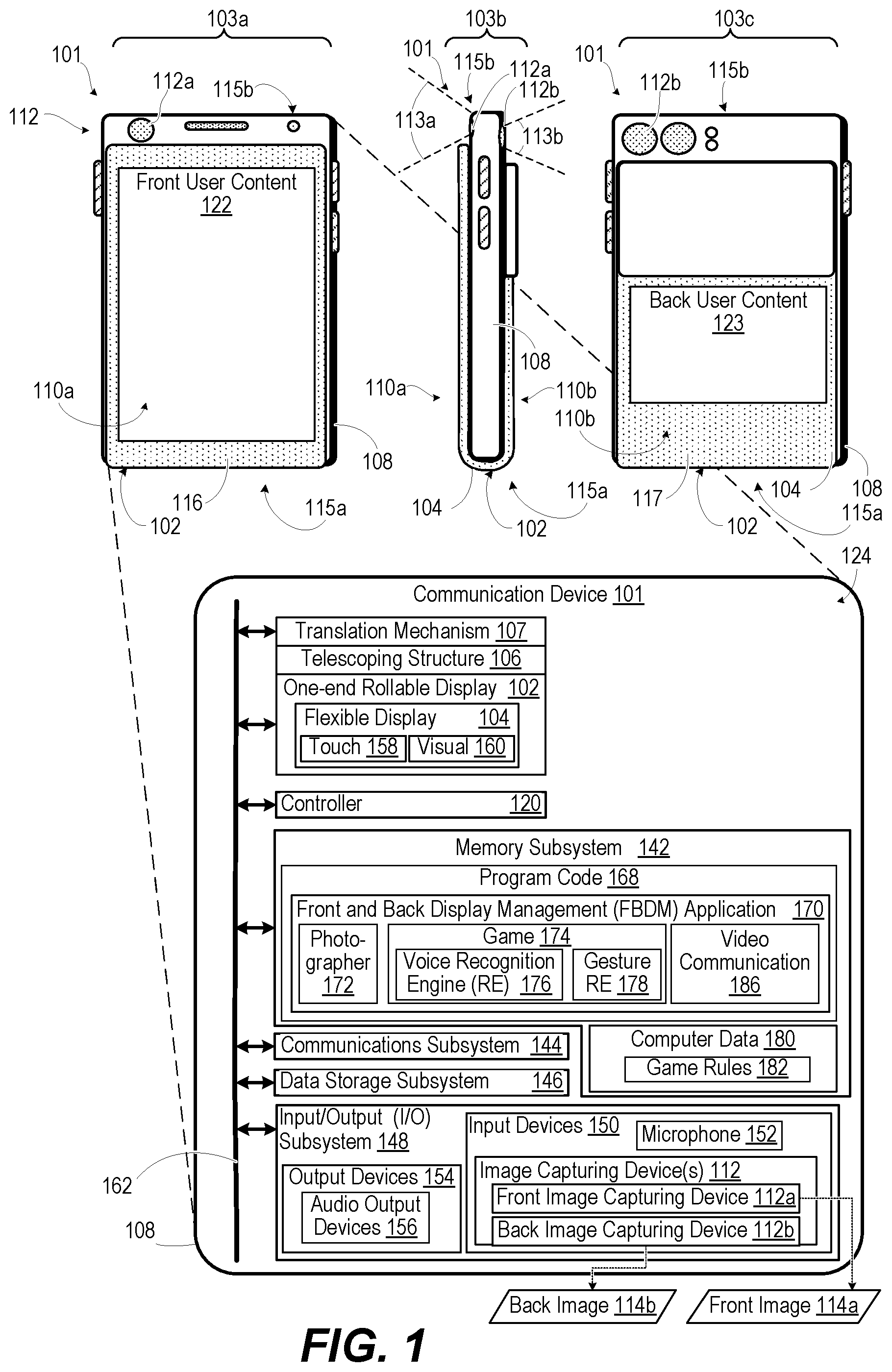 Patent US12100323 Figure 1 – Managing concurrent use of front and back portions of an adaptive rollable display device based on imaging user(s)