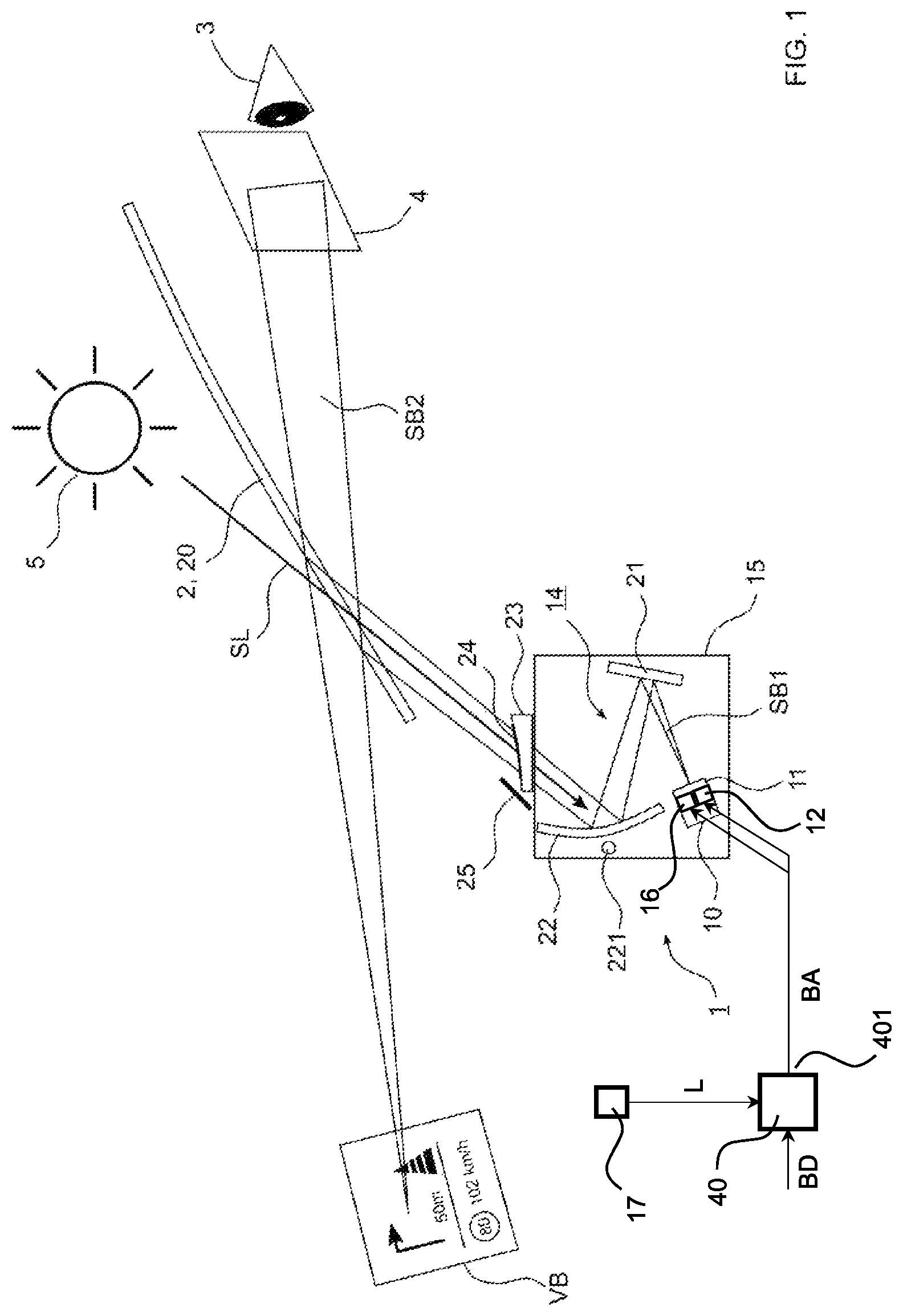 Patent US12100324 Figure 1 – Head-up display with display apparatus