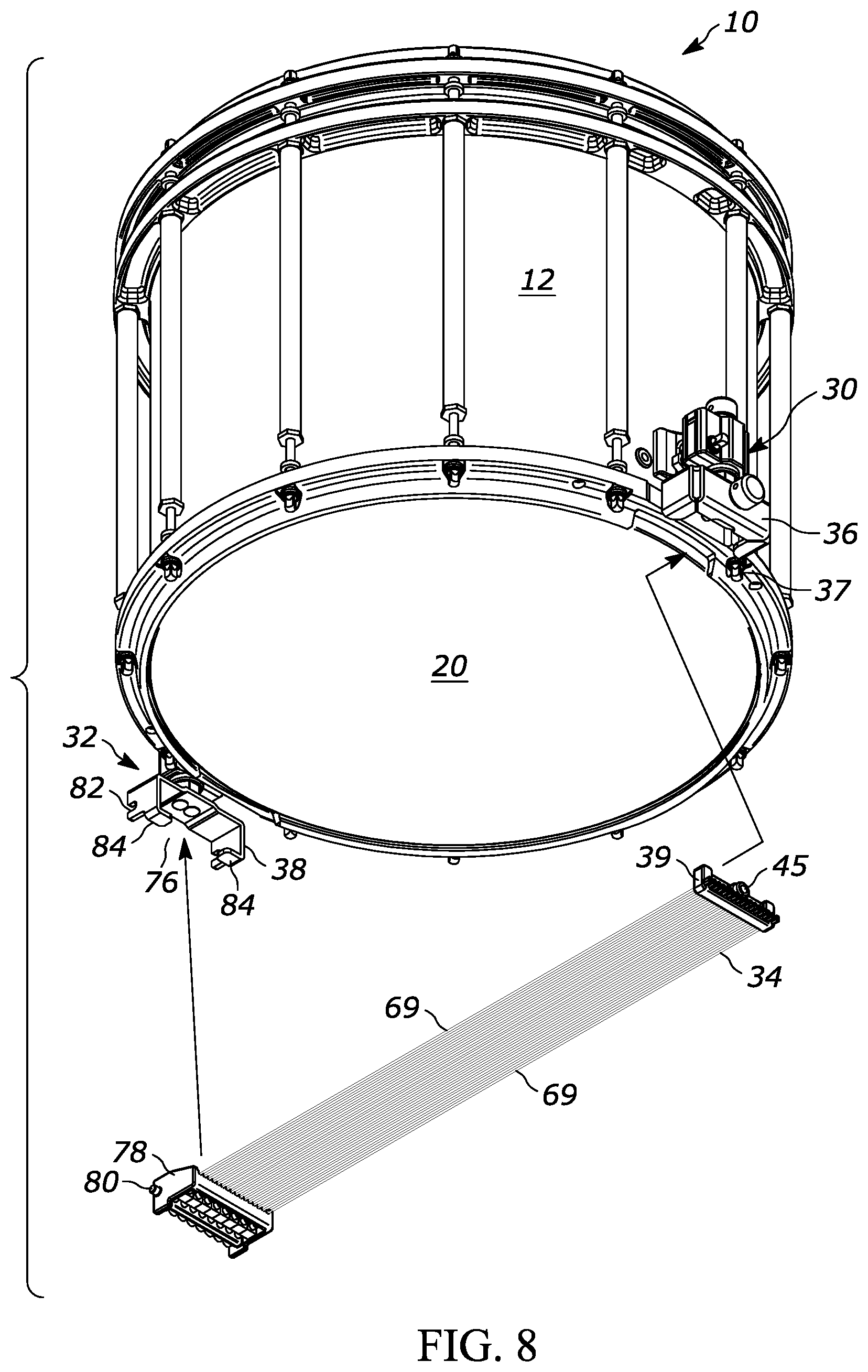 Patent US12100373 Figure 8 – Snare drum strainer structure