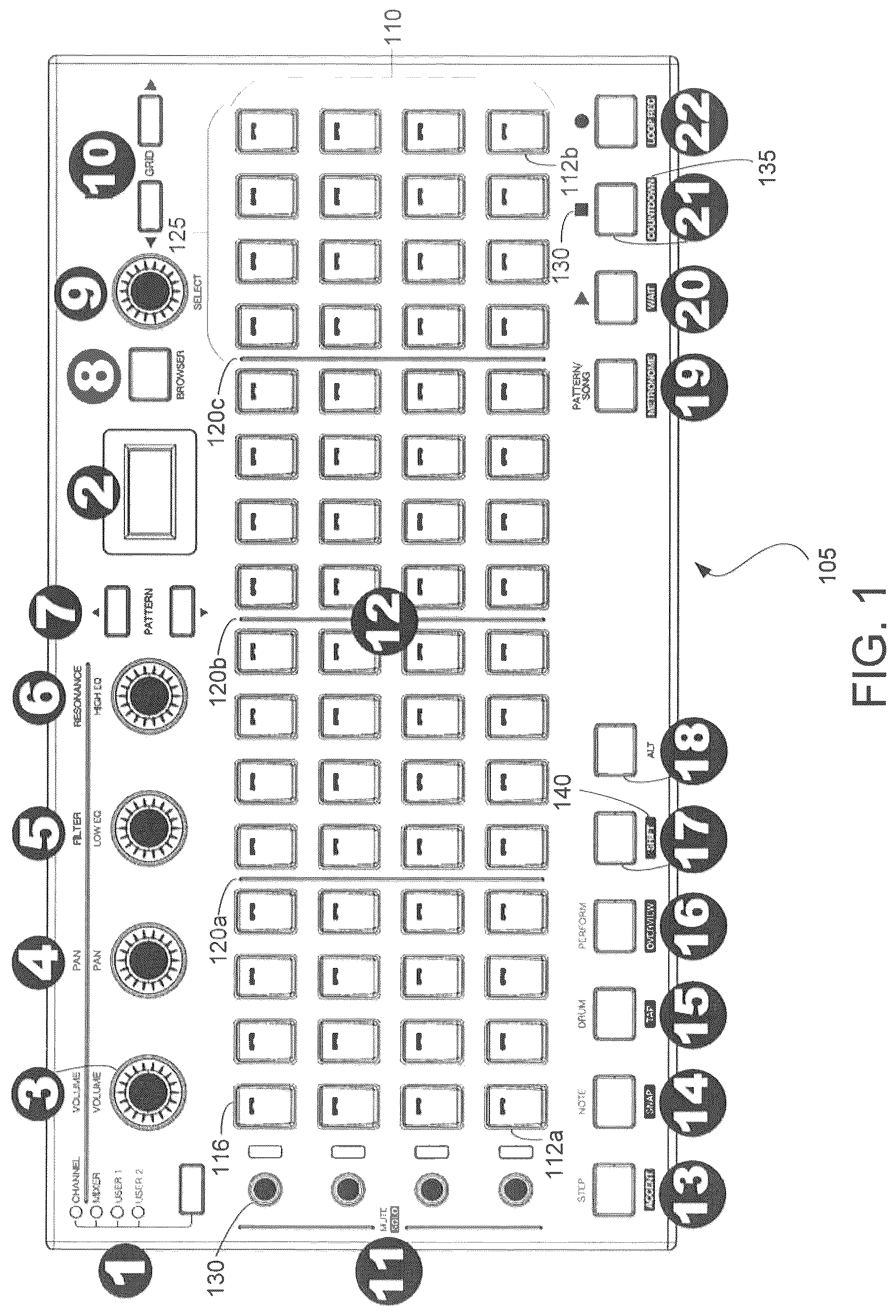 Patent US12100376 Figure 1 – Musical step sequencer and controller