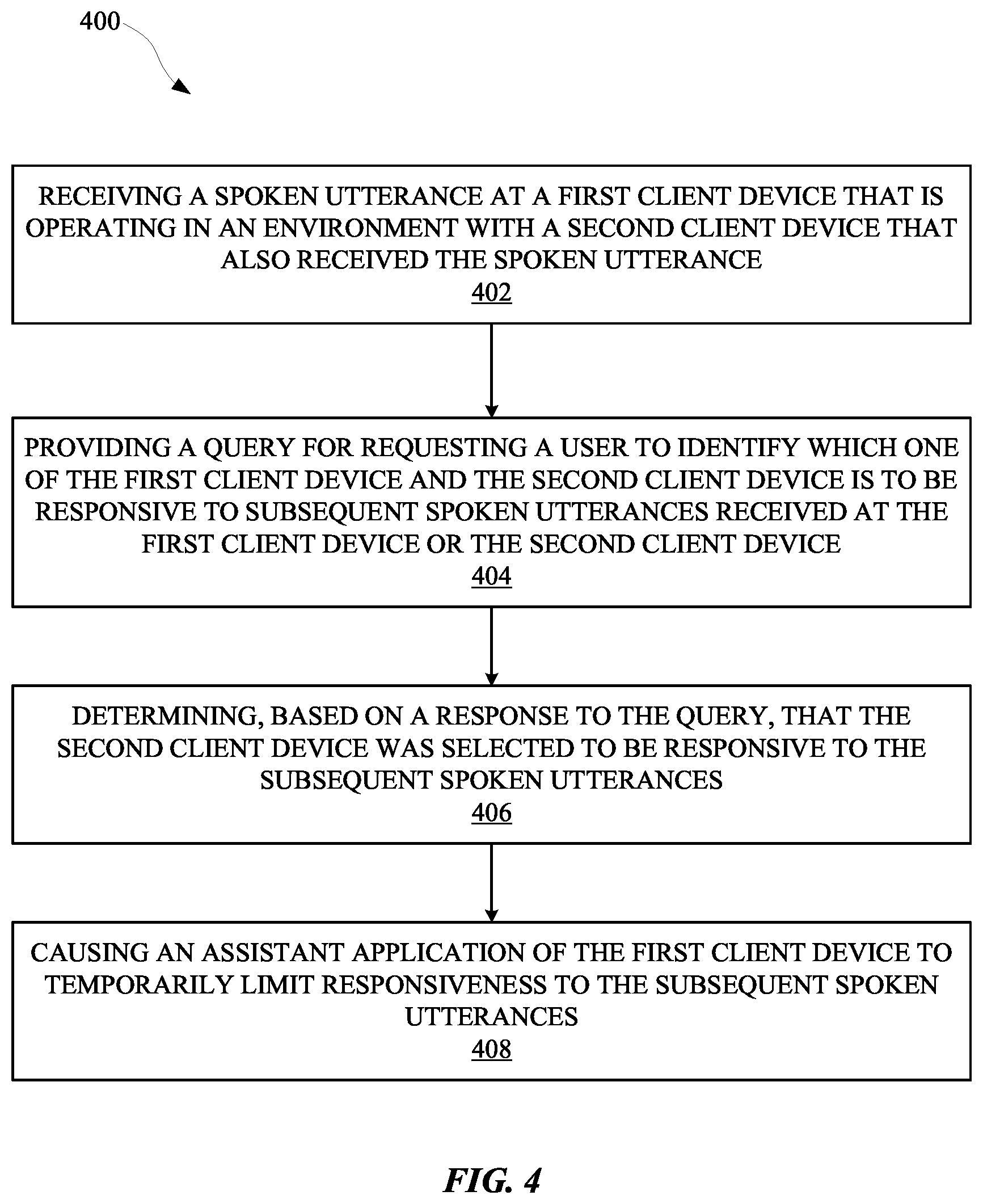 Patent US12100399 Figure 4 – Isolating a device, from multiple devices in an environment, for being responsive to spoken assistant invocation(s)