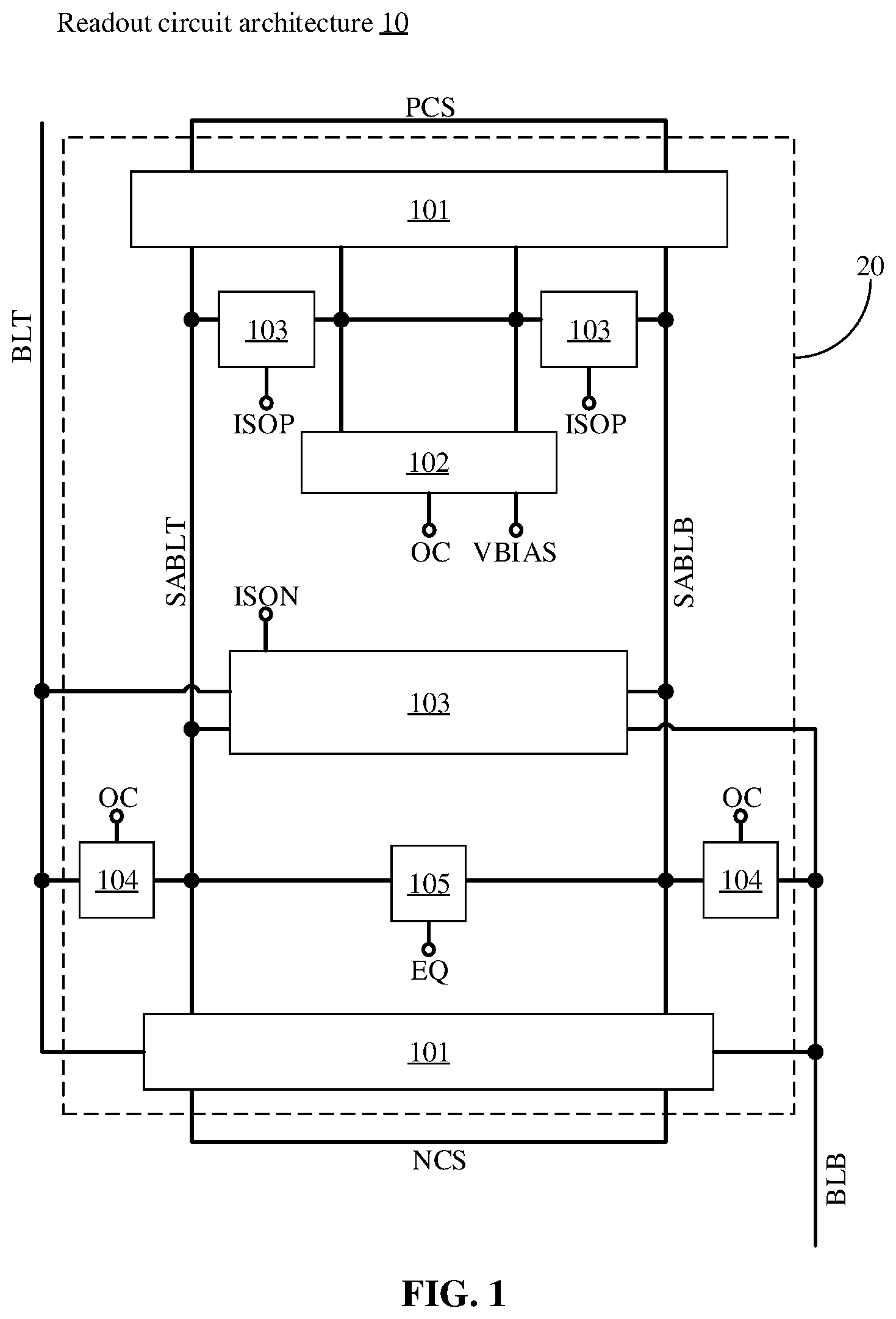 Patent US12100441 Figure 1 – Readout circuit layout and sense amplification circuit